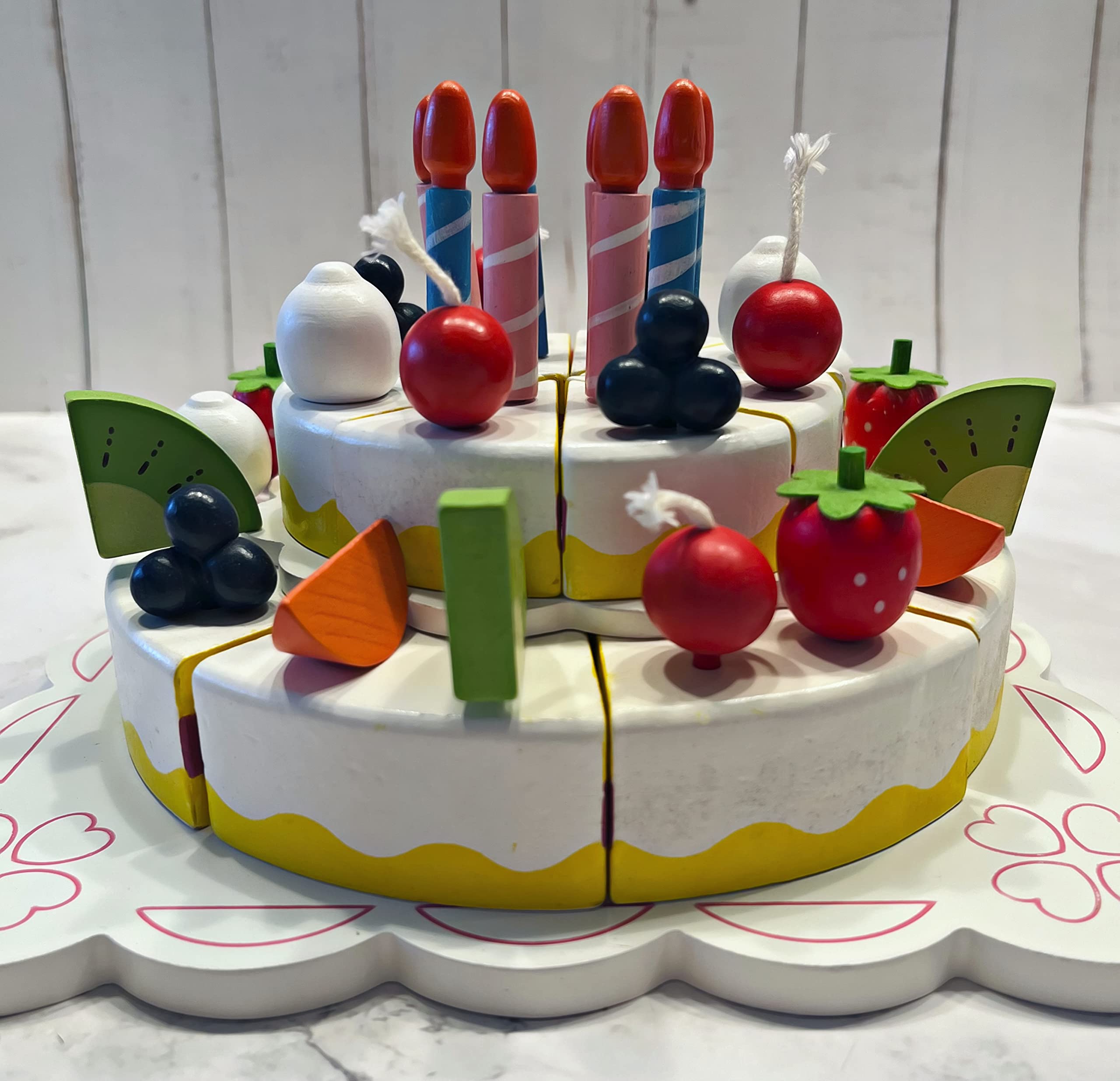 2 Tier Fake Wood Birthday Cake Set - White Decorative Cake with Fruit & Candles for Wedding, Baby Shower & Party Decorations