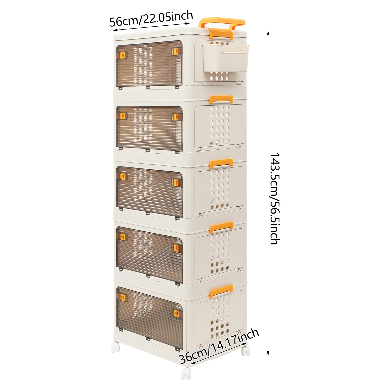 5-Tier Rolling Foldable Storage Organizer with Wheels & Side Basket - Collapsible Plastic Storage Cabinet for Bedroom, Living Room, Kitchen & Bathroom - Space-Saving Closet Organizer for Home, Office & Dorm Use