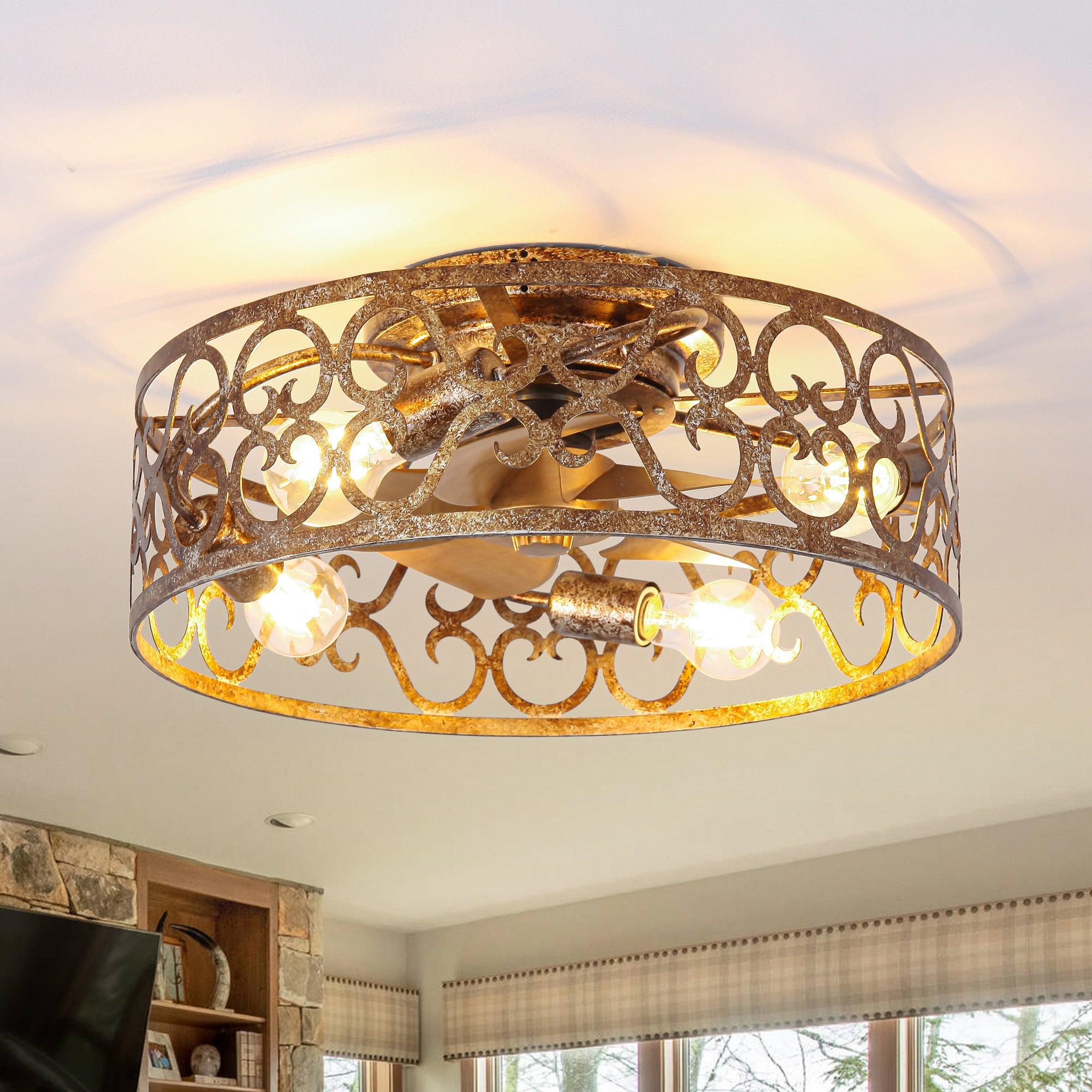 18 Inch Gold Industrial Flush Mount Ceiling Fan with Light - Smart APP & Remote Control - Perfect for Living Room, Bedroom, Kitchen & Office Spaces