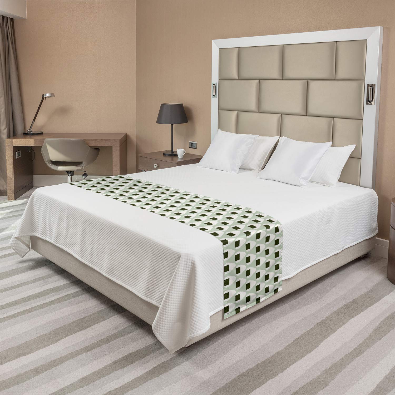 Ambesonne Abstract Bed Runner - Japanese Onigiri Rice Balls Pastel Snack Hipster Design - Decorative Bed Scarf for Hotels, Homes & Guest Rooms in Pale & Dark Green - Perfect for Boho Bedroom Decor, Airbnb Styling & Cozy Home Accents