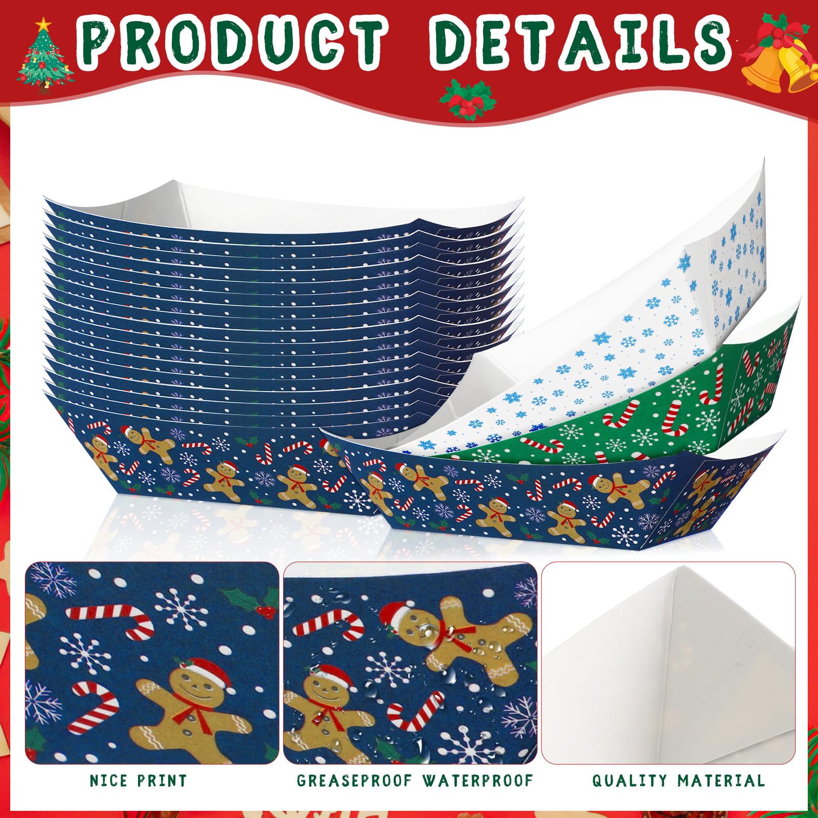 Fulmoon 100-Piece Disposable Christmas Food Serving Boats - 2Lb Paper Nacho Trays, Taco Boats & Hot Dog Containers for Holiday Parties (4 Styles) | Perfect for Christmas Buffets, Game Day Snacks & Party Appetizers