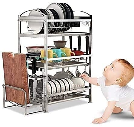 3-Tier Stainless Steel Plate Rack Dish Drainer with Utensil Holder & Cutting Board Storage - Space Saving Kitchen Organizer for Pans, Plates & Cookware (Silver, Size B) - Perfect for Small Kitchens, Dish Drying & Countertop Organization