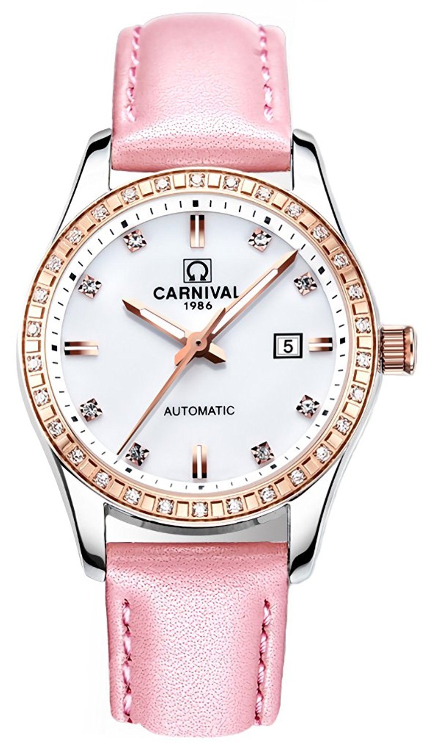 Luxury Women's Automatic Mechanical Analog Watch with Rhinestones, Calendar & Leather Band - Elegant Dress Wristwatch for Business, Party & Formal Occasions