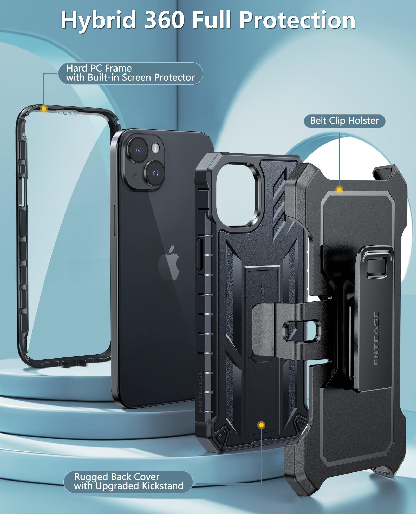 FNTCASE Rugged Military Grade iPhone 15 Plus Case with Belt Clip Holster & Kickstand - Shockproof Matte TPU Protective Cover for 6.7