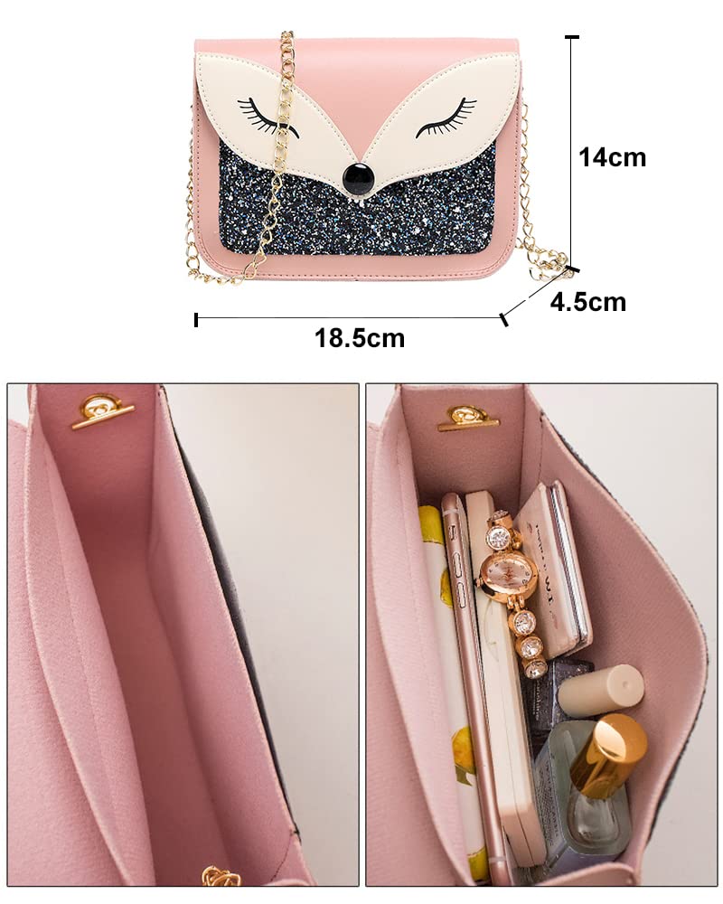 Cute Fox Sequins Leather Crossbody Bag for Little Girls - Small Shoulder Purse with Adjustable Strap, Kids Gift for Birthday, Party & School (Pink)