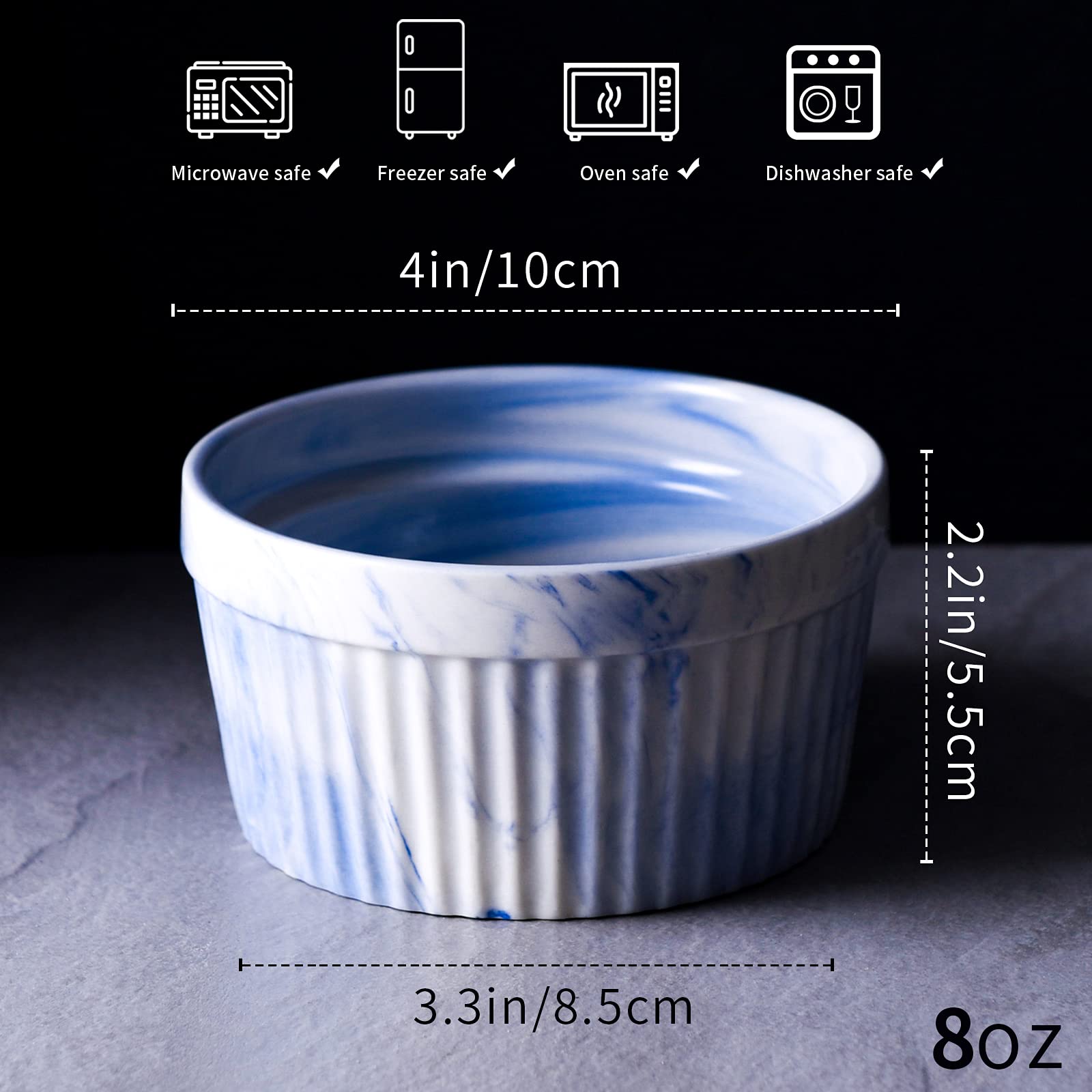 Yundu 8oz Blue Marble Ceramic Ramekins - Oven Safe Baking Bowls for Creme Brulee, Souffle, Desserts (Set of 6) | Perfect for Home Baking, Restaurant Use & Gift Giving