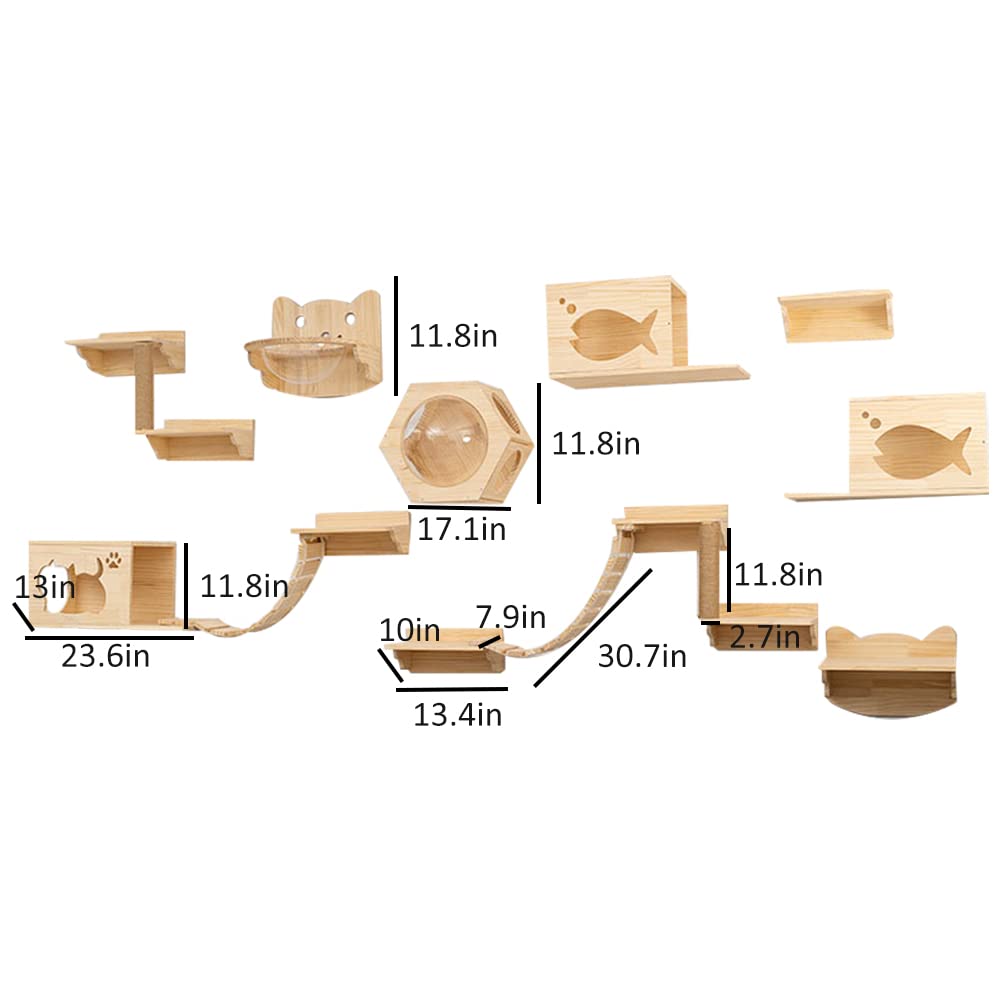 17-Piece Wall-Mounted Wooden Cat Climbing Set with 2 Space Capsule Beds, 3 Condos, 8 Shelves, 2 Bridges & Sisal Scratching Posts - Multi-Level Cat Activity Furniture for Indoor Play & Exercise