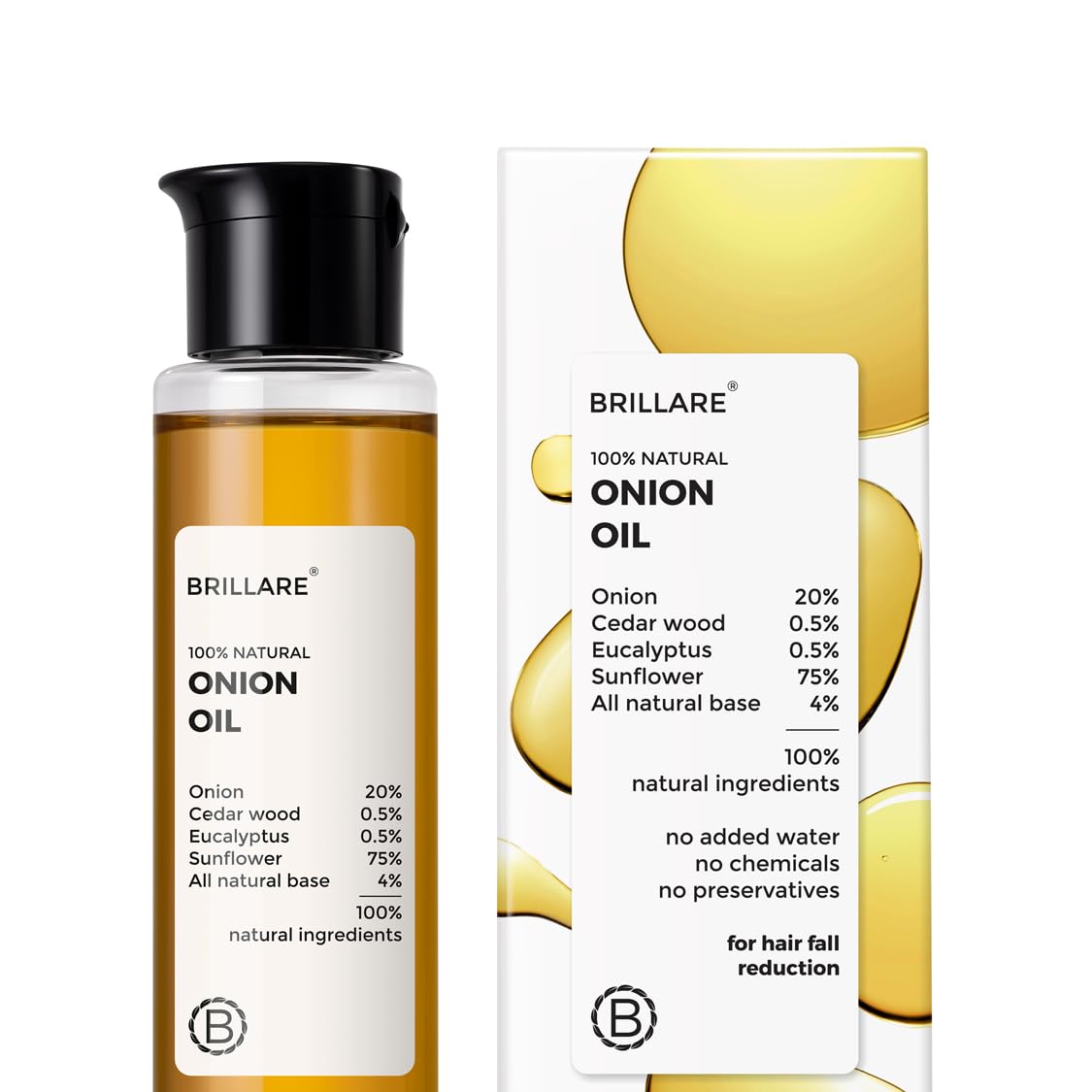 Brillare Onion Hair Oil with Cedarwood & Sunflower Oil - 100% Natural Hair Fall Control Treatment, Refreshing Fragrance, 100ml - Promotes Hair Growth & Reduces Breakage for Thicker, Healthier Hair (Perfect for Daily Hair Care & Scalp Massage)