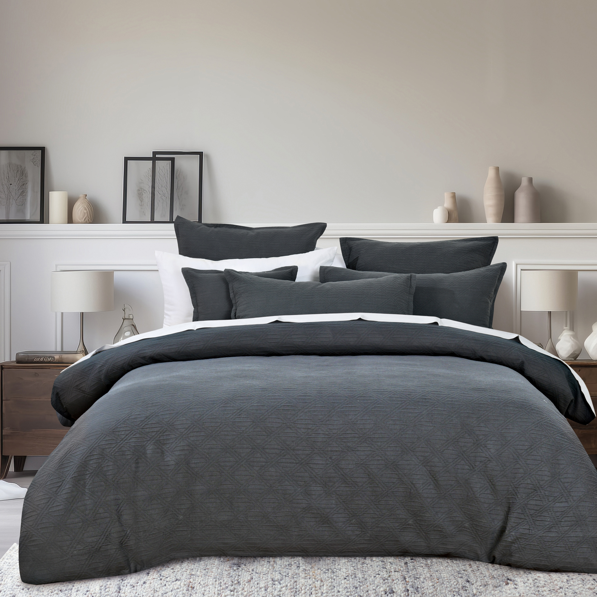 Hallston Charcoal Quilt Cover Set - Queen Size 100% Cotton Bedding Set by Bianca - Soft & Breathable Duvet Cover for Cozy Bedroom Decor