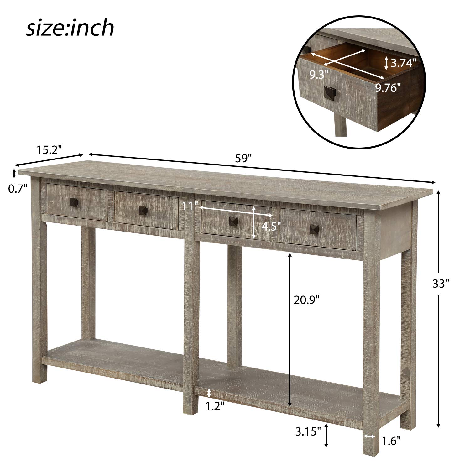 Grey Wash Entryway Console Table with 4 Drawers & Storage Shelf - Sofa Table for Living Room, Hallway & Foyer - Perfect for Home Decor, Entry Organization & Small Space Storage