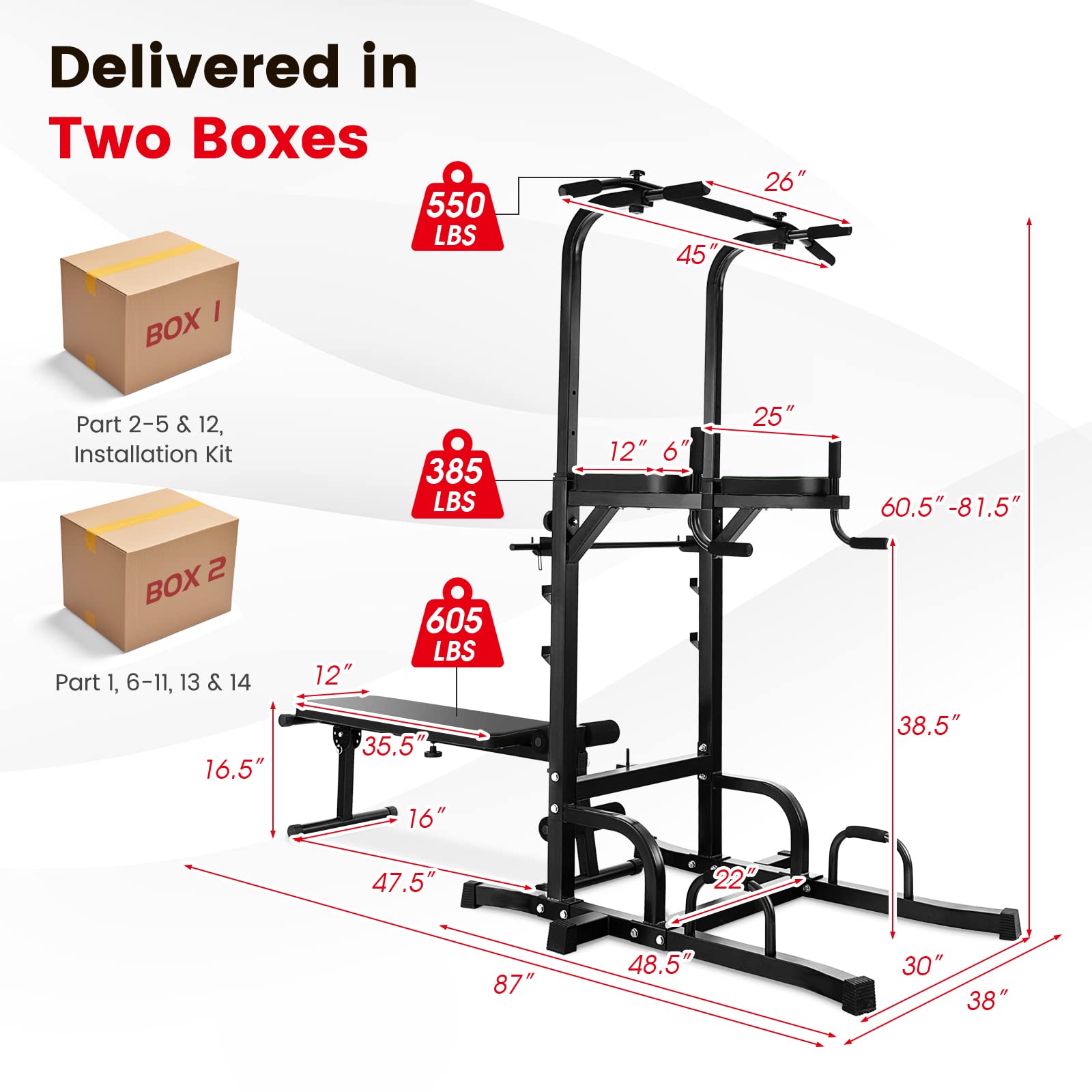 GYMAX Adjustable Height Power Tower with Bench & Pull Up Bar - Foldable Heavy Duty Full Body Strength Training Equipment for Home Gym - Perfect for Chin Ups, Dips, and Full-Body Workouts at Home
