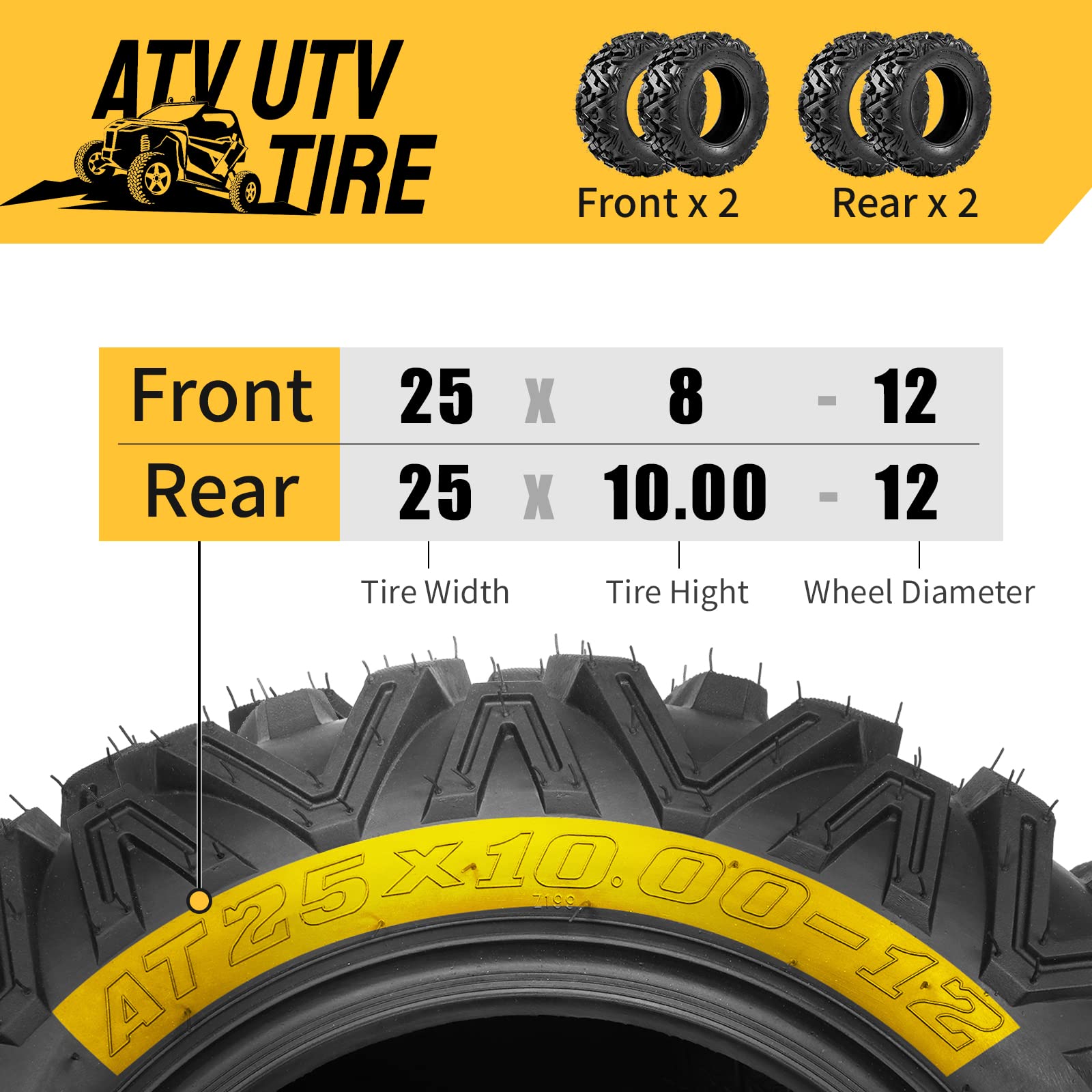 4 Pack ATV/UTV Tires 25x8-12 & 25x10-12 Front & Rear All-Terrain Tubeless Mud Tires - 6 Ply Heavy Duty for Off-Road, Trail Riding, Hunting & Farm Use