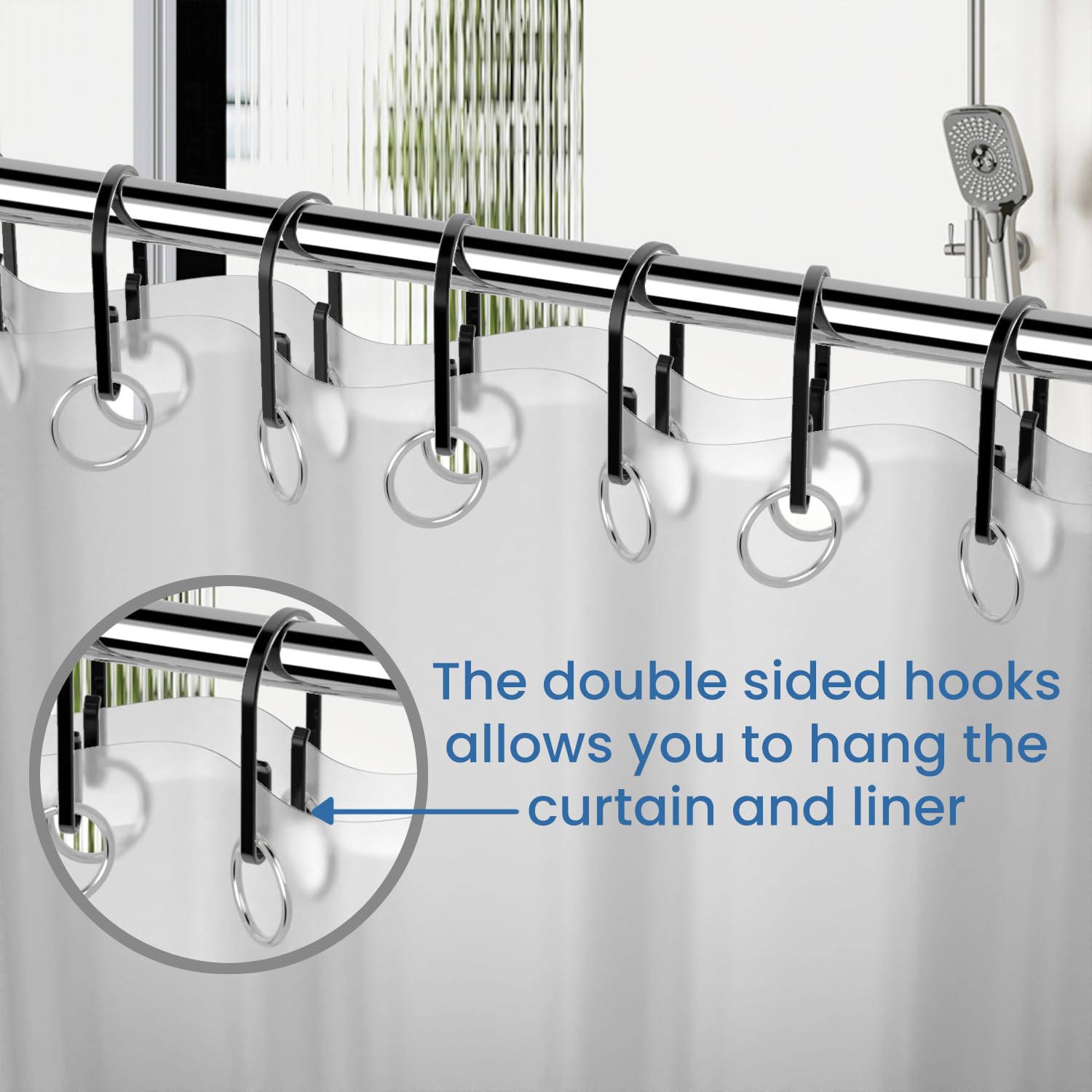 12-Pack Black Double-Sided Shower Curtain Hooks - Rustproof Smooth Sliding Anti-Drop Rings for Inside Shower - Perfect for Bathroom, Hotel & Dorm Use