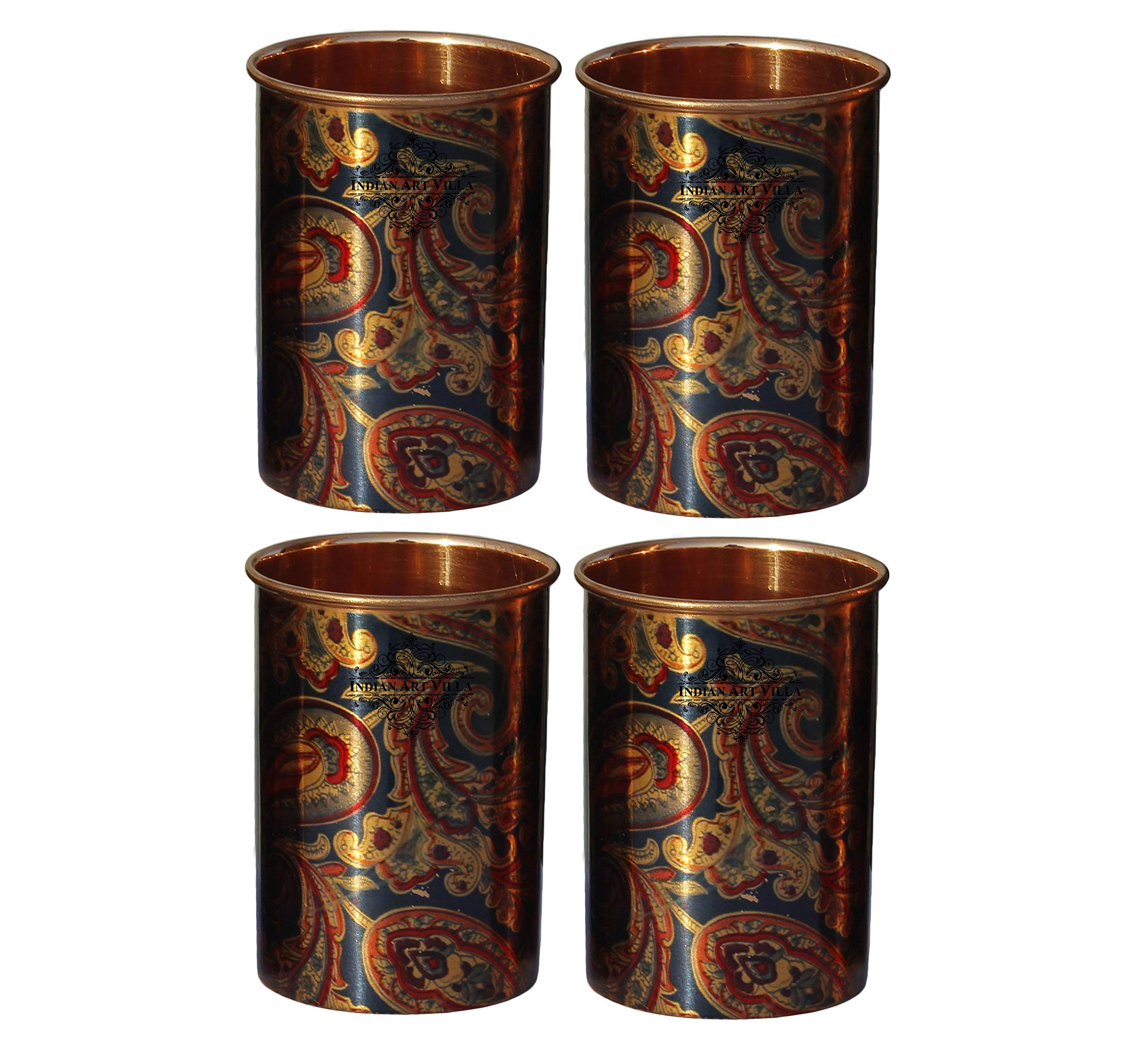 Indian Art Villa Printed Design Pure Copper 1 Jug 4 Glass Set - 50 Oz Jug & 10 Oz Glasses (5-Piece) - Elegant Drinkware for Water Storage & Serving - Perfect for Home, Parties & Traditional Ceremonies - Blue Color