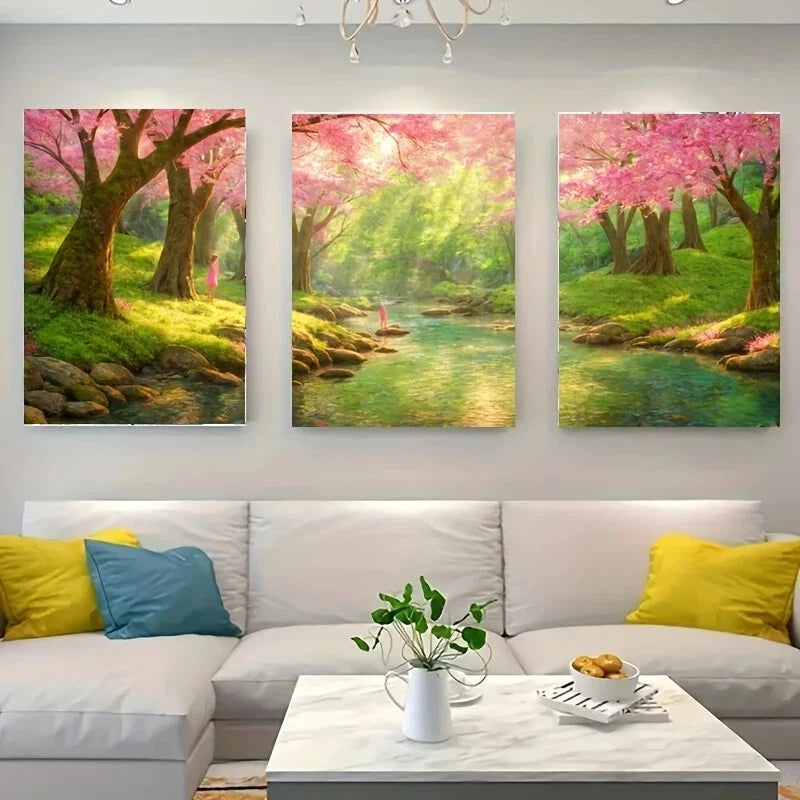 3-Piece Cherry Blossom Forest Metal Wall Art - Ready to Hang Nature Decor for Living Room, Bedroom & Office - Serene Landscape Painting for Home & Office Decor