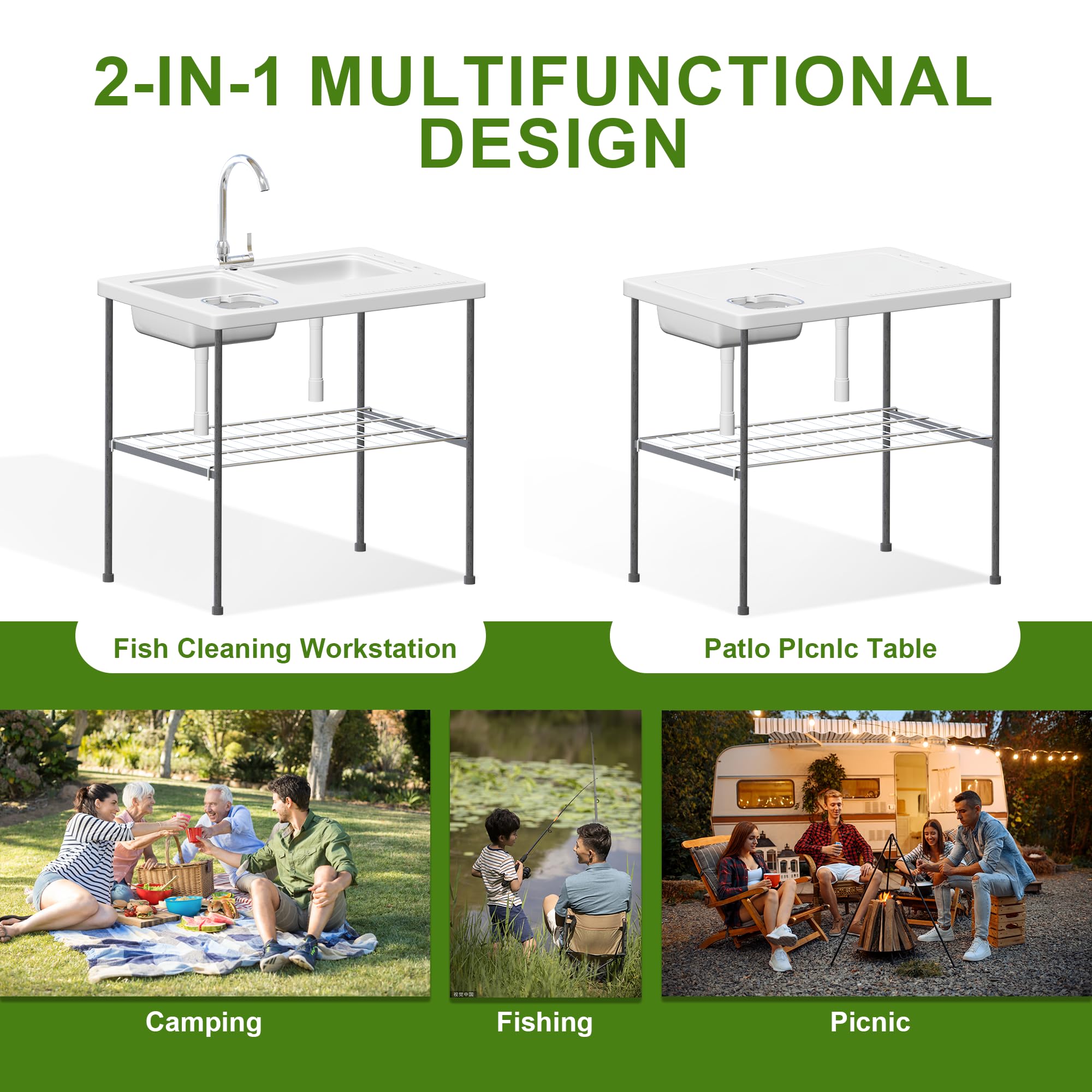 THUNDERBAY 40'' Heavy Duty Portable Folding Fish Cleaning Table with Double Sink & Faucet - Camping, Fishing, Outdoor Game Processing Station