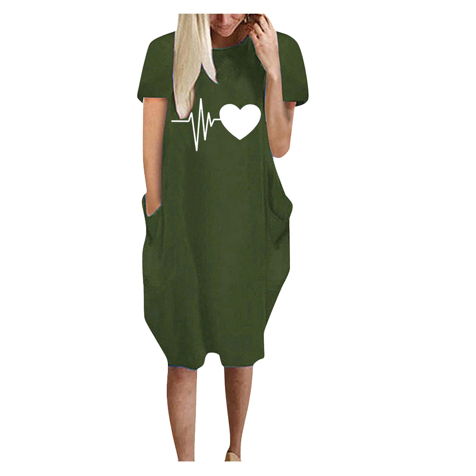 Stylish Women's Short Round Neck Casual Dress with Pockets & Heart Print - Backless Summer Dress for Beach, Party & Daily Wear