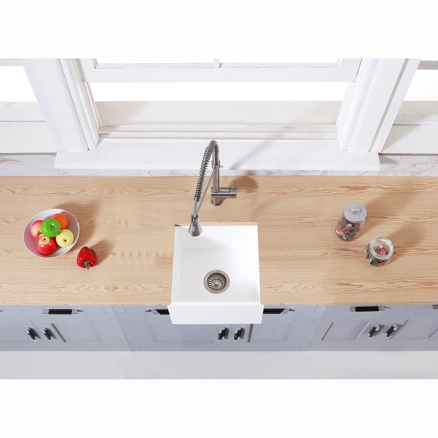 Arcticstone GKUSA15158 15 Inch White Farmhouse Kitchen Sink - Solid Surface Apron Front Single Bowl Bar Prep Sink with Strainer, Matte White - Perfect for Modern Farmhouse & Rustic Kitchen Designs