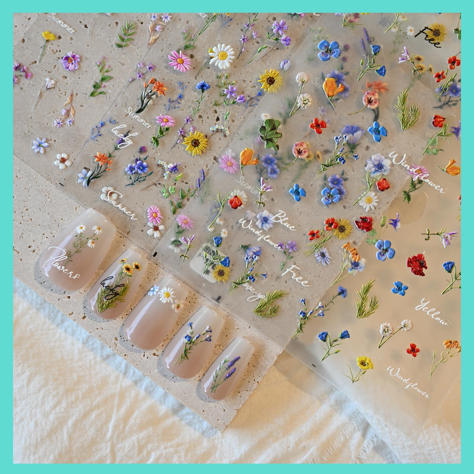 3D Embossed Flower Nail Art Stickers - Self-Adhesive Nail Decals for Spring & Summer Nail Designs | Women's Nail Art Accessories & Supplies (3 Sheets) - Perfect for DIY Manicures, Salon Nail Art, and Special Occasions