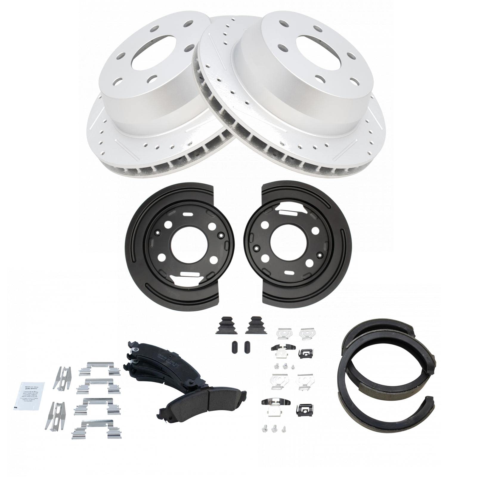 TRQ Rear Ceramic Brake Pads & Performance Rotors Kit - Premium Parking Brake Shoes & Backing Plates for Smooth Stopping Power | Perfect for Daily Commuting, Highway Driving & Performance Vehicles