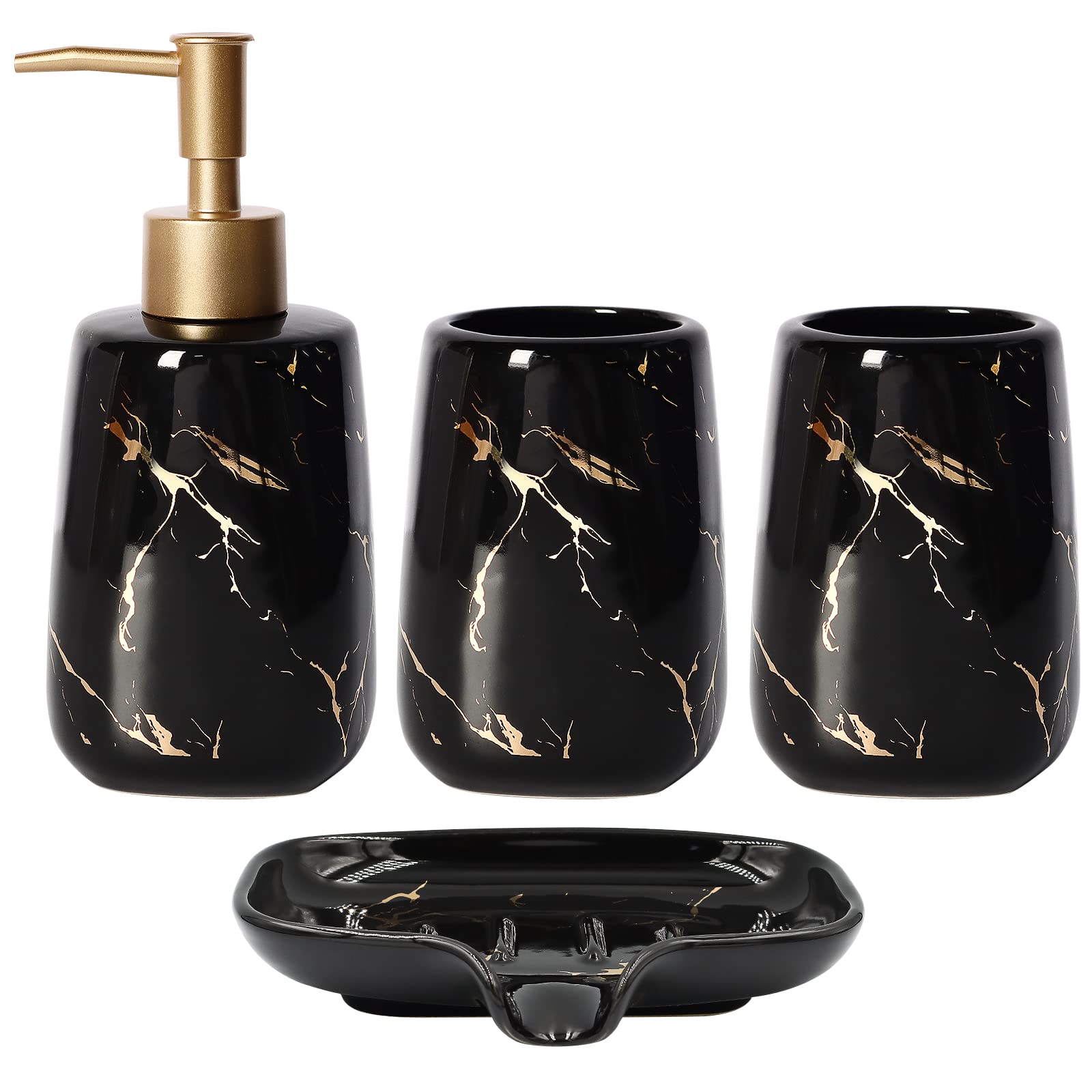 4 Pcs Ceramic Bathroom Set - Soap Pump, Toothbrush Holder, Tumblers & Soap Dish for Modern Homes