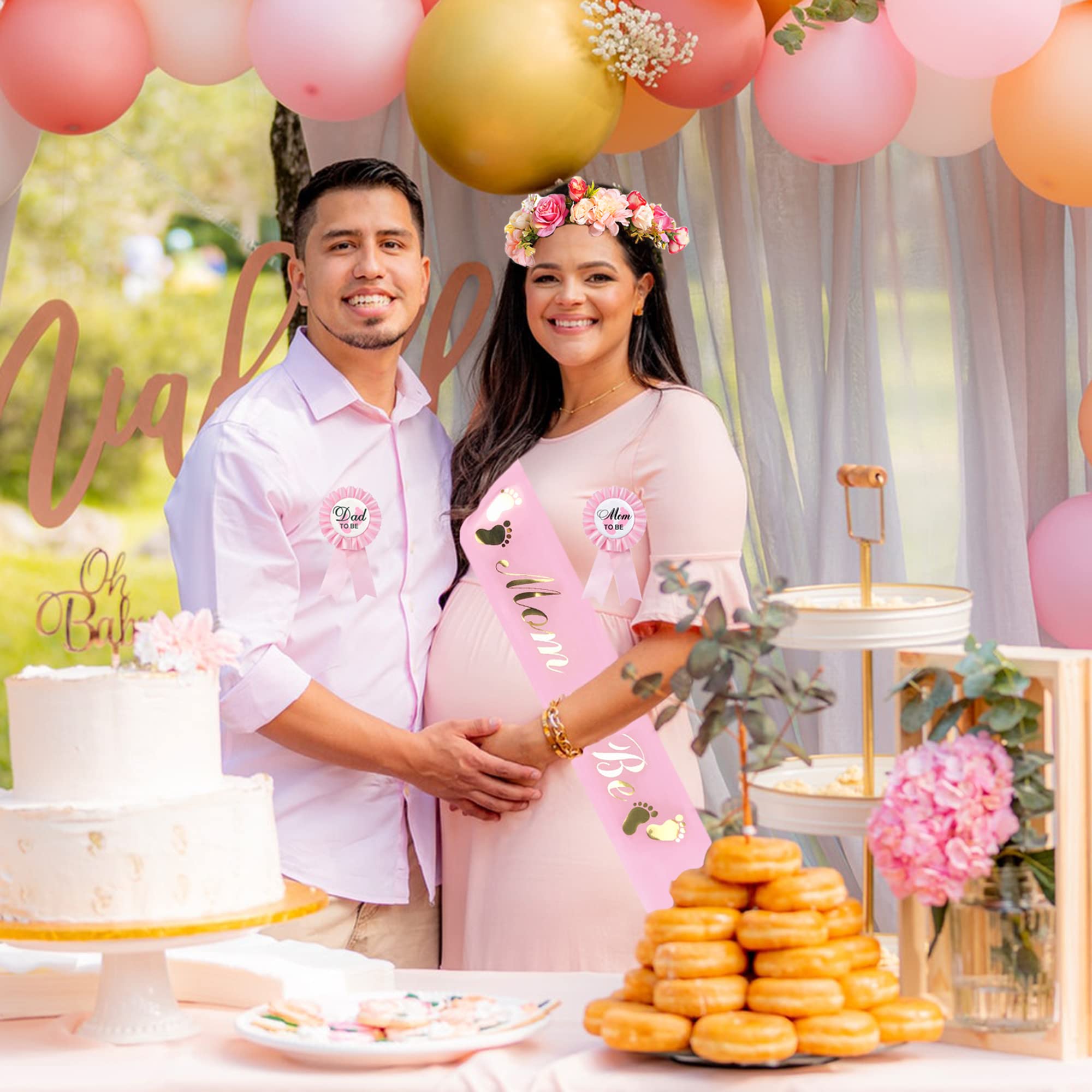 Adjustable Flower Crown Tiara & Sash for Baby Shower - Mom to Be & Dad to Be Corsage Pin Badge Kit - Gender Reveal Party Favors (Pink) - Perfect for Maternity Celebrations, Pregnancy Announcements & Gender Reveal Parties