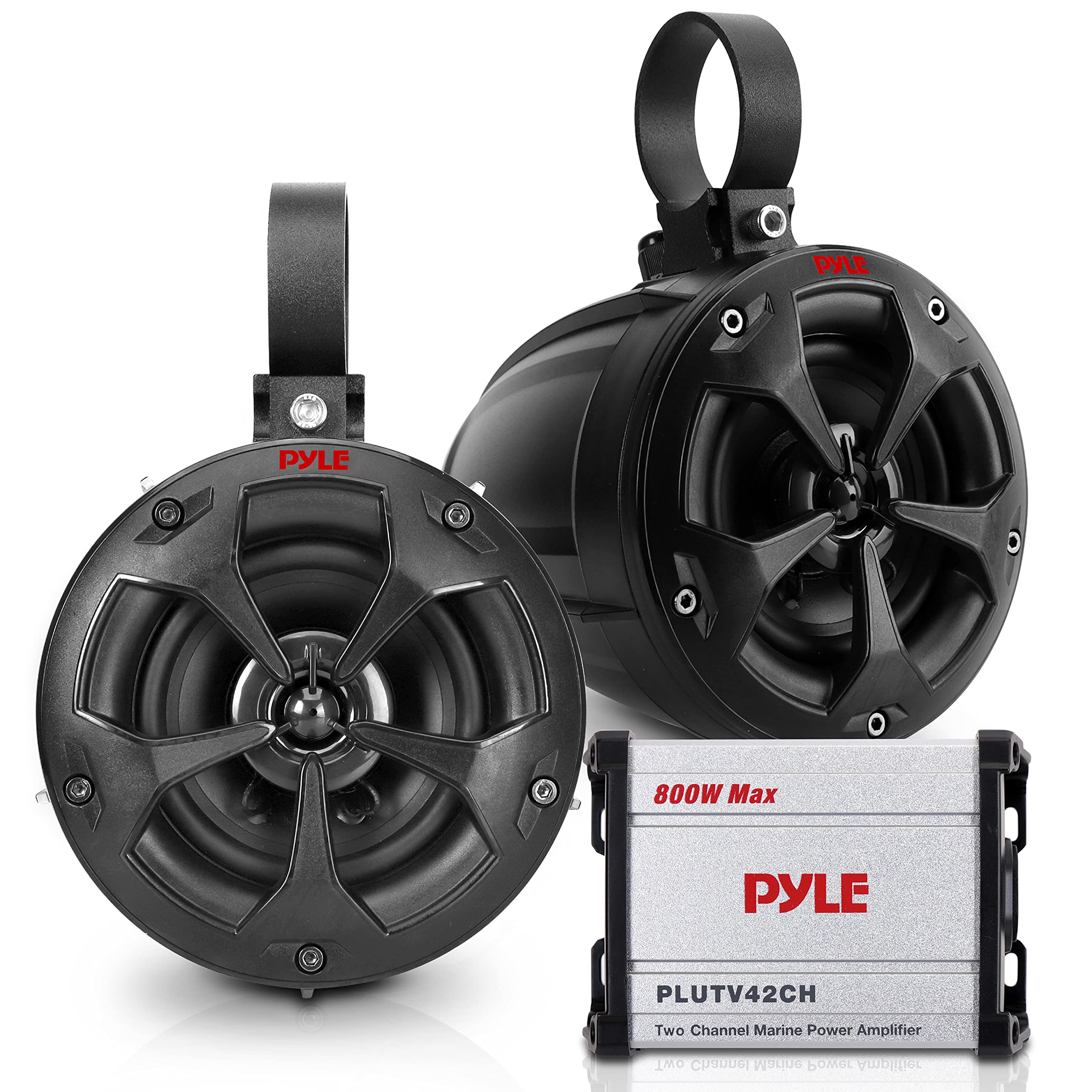 Pyle PLUTV42CH 4 Inch 800W 2-Channel Waterproof Marine Speakers with Built-in Amplifier - Off-Road ATV/UTV/Jeep/Boat Stereo System for Outdoor Adventures & Water Sports