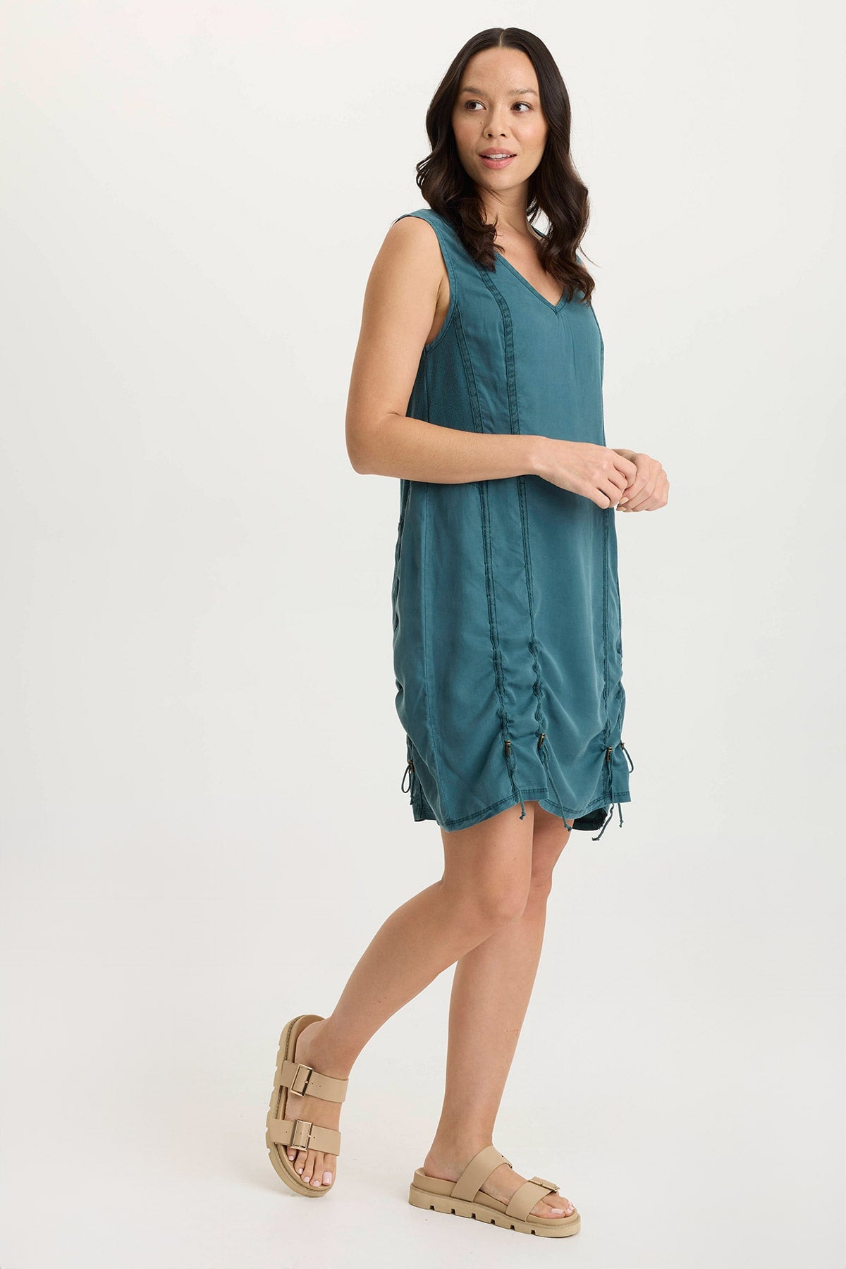 Karima Twill Corded Cinch Tank Dress for Women - Slimming Midi Dress with Adjustable Waist - Perfect for Casual Outings, Date Nights & Summer Vacations