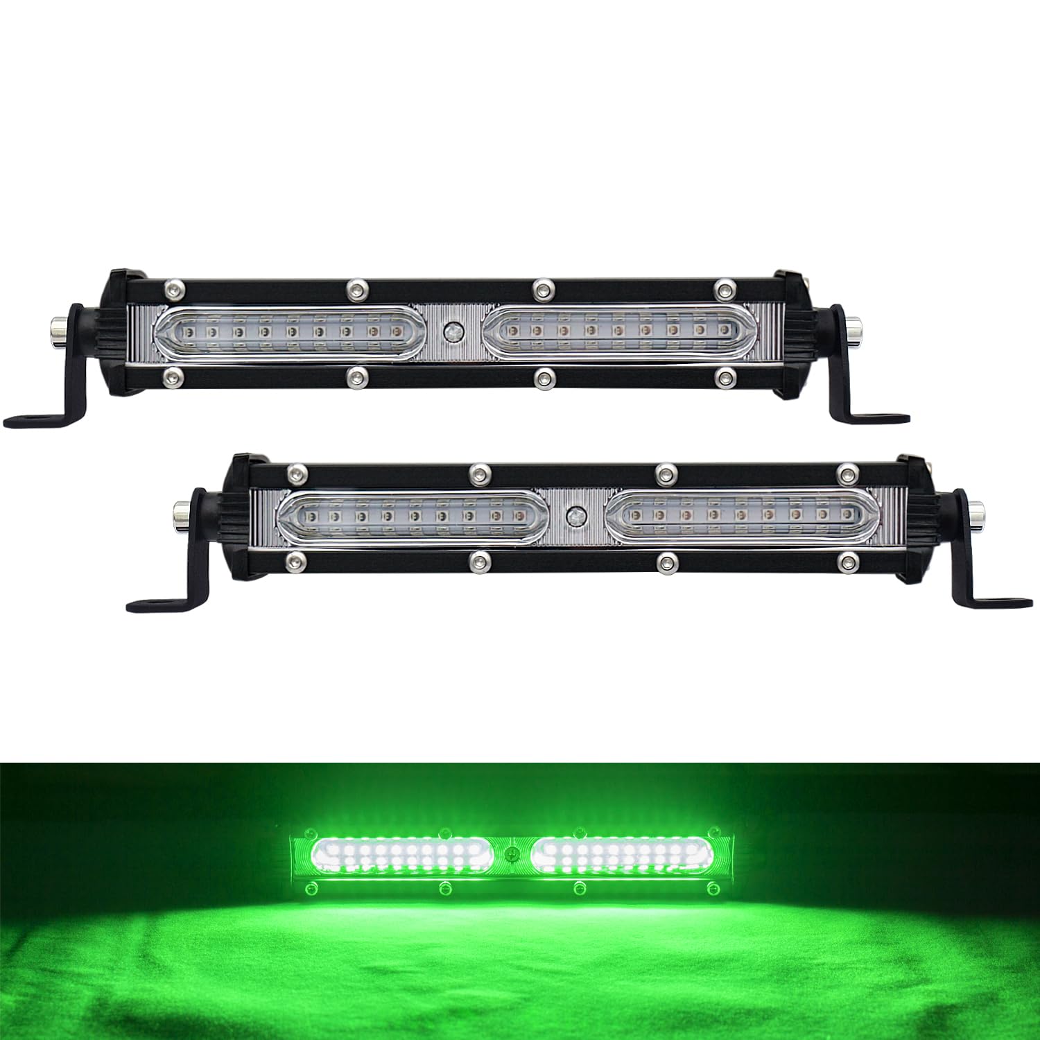 Ultra Slim Single Row Green LED Offroad Driving Fog Light Bar - 2Pcs 7Inch Waterproof Auxiliary Work Lights for Trucks, Tractors, Boats & Cars - Perfect for Hunting, Fishing, Night Driving & Offroad Adventures
