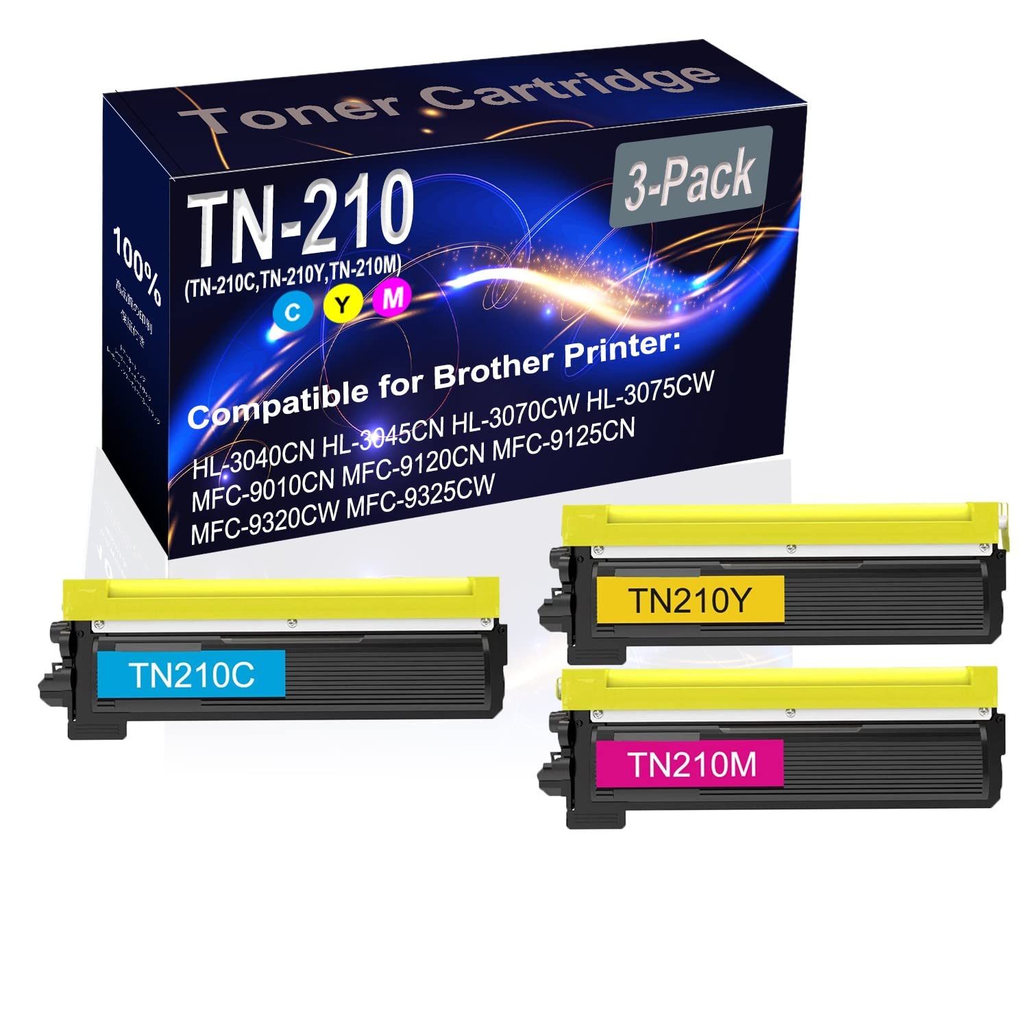3-Pack (Cyan, Yellow, Magenta) High-Capacity Replacement Laser Toner Cartridge Compatible with Brother HL-3040CN, HL-3045CN, HL-3070CW Printers - TN210, TN-210 Series (TN-210C, TN-210Y, TN-210M) - Perfect for Office Printing, Graphic Design & Photo Projects