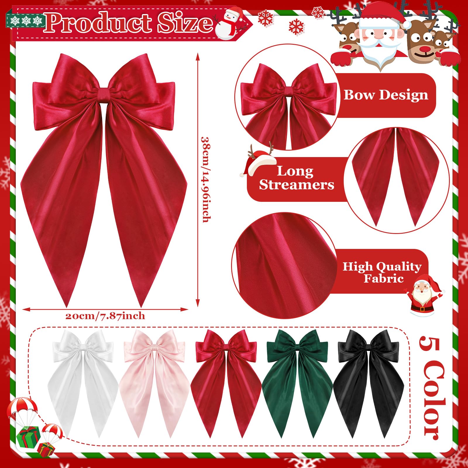 5 Pcs Satin Hair Bows - Christmas Hair Accessories for Women & Girls | Holiday Party & Gifts