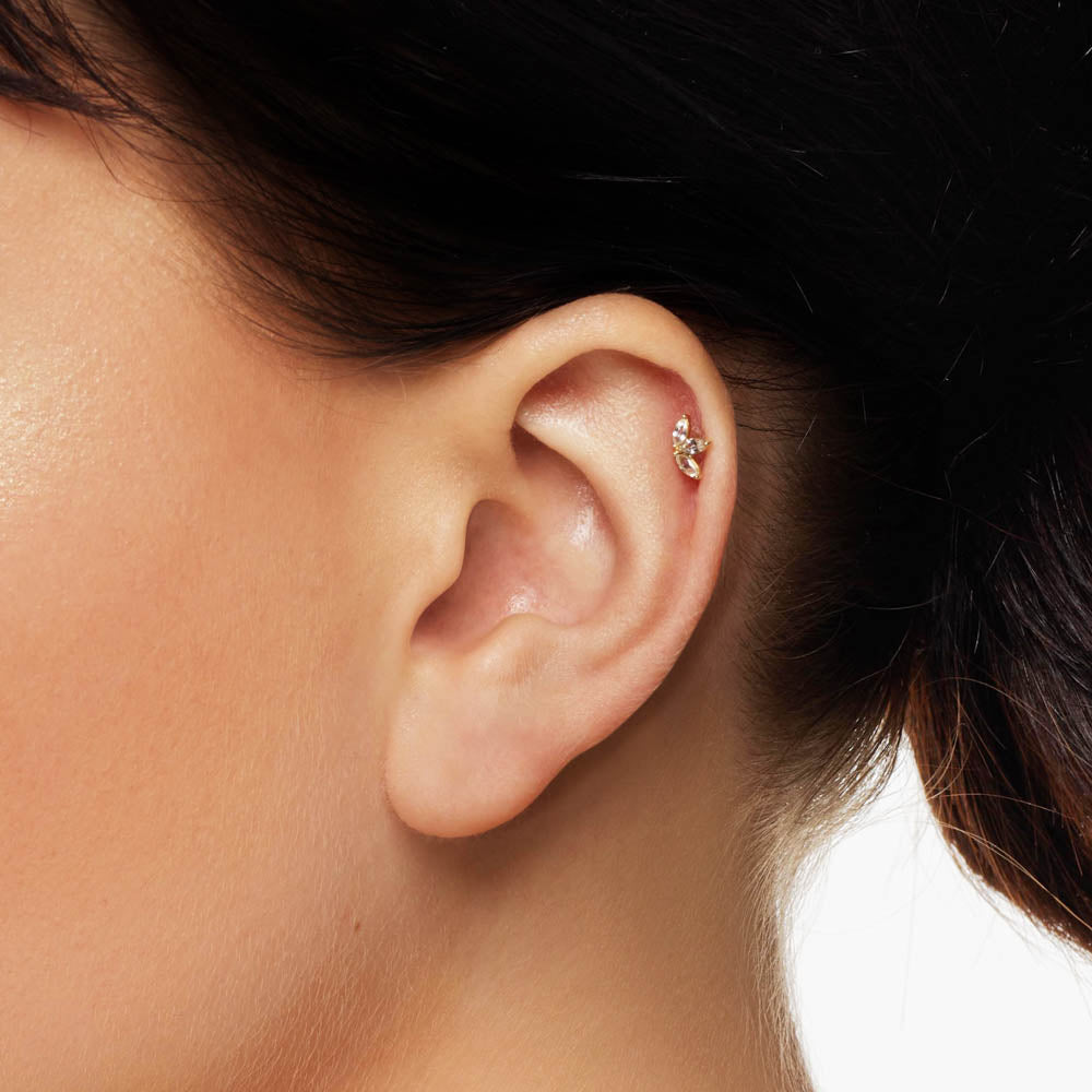 10k Gold White Sapphire Triple Marquise Helix Single Stud Earrings for Women - Perfect for Weddings, Parties & Everyday Elegance