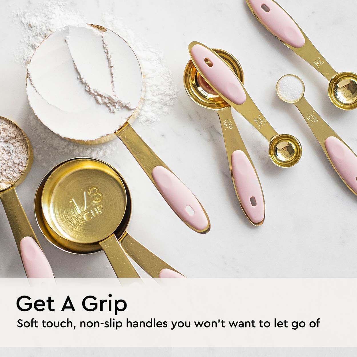8-Piece Stainless Steel Measuring Cups and Spoons Set in Gold & Pink - Durable Baking Tools with Ergonomic Silicone Handles - Perfect for Cooking, Baking, Cake Decorating & Kitchen Decor Gifts