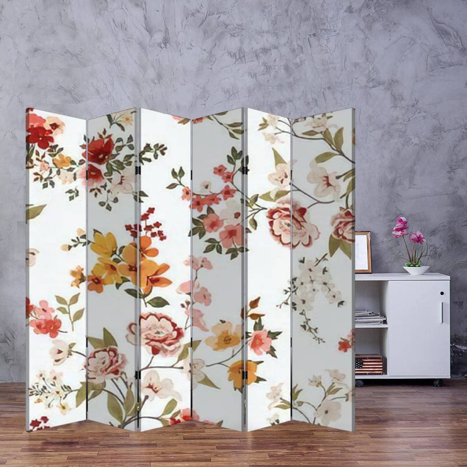 6-Panel Wooden Room Divider with Floral Print - Folding Privacy Screen, Dual-Sided Canvas Partition for Indoor Spaces | Perfect for Home Office, Bedroom Separation & Decorative Display