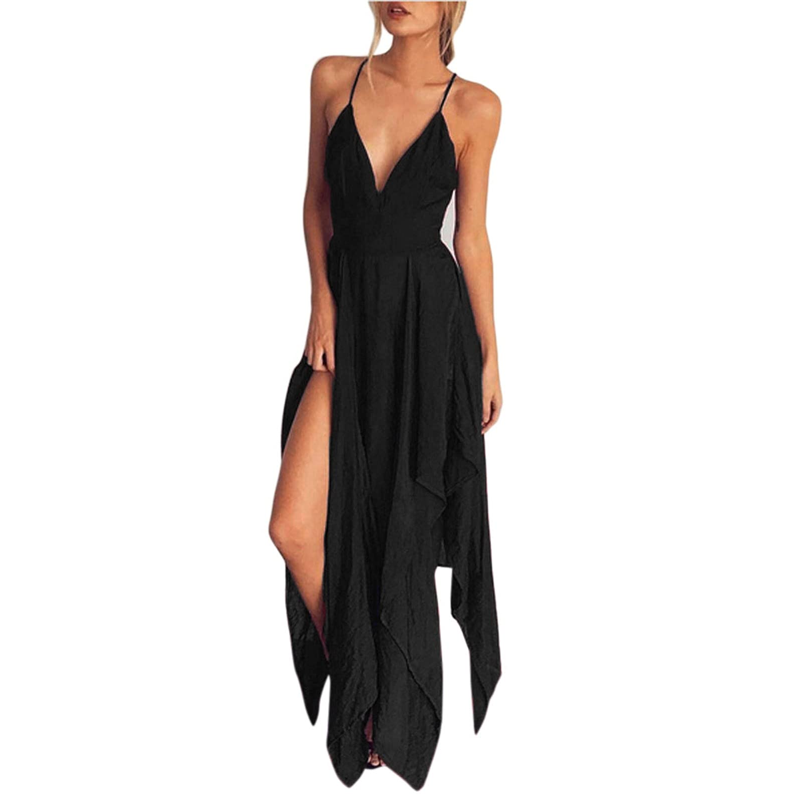Vintage Women's Spaghetti Strap Casual Sundress - High Slit Backless Cocktail Dress with Irregular Hem | Perfect for Beach, Party, and Summer Outfits