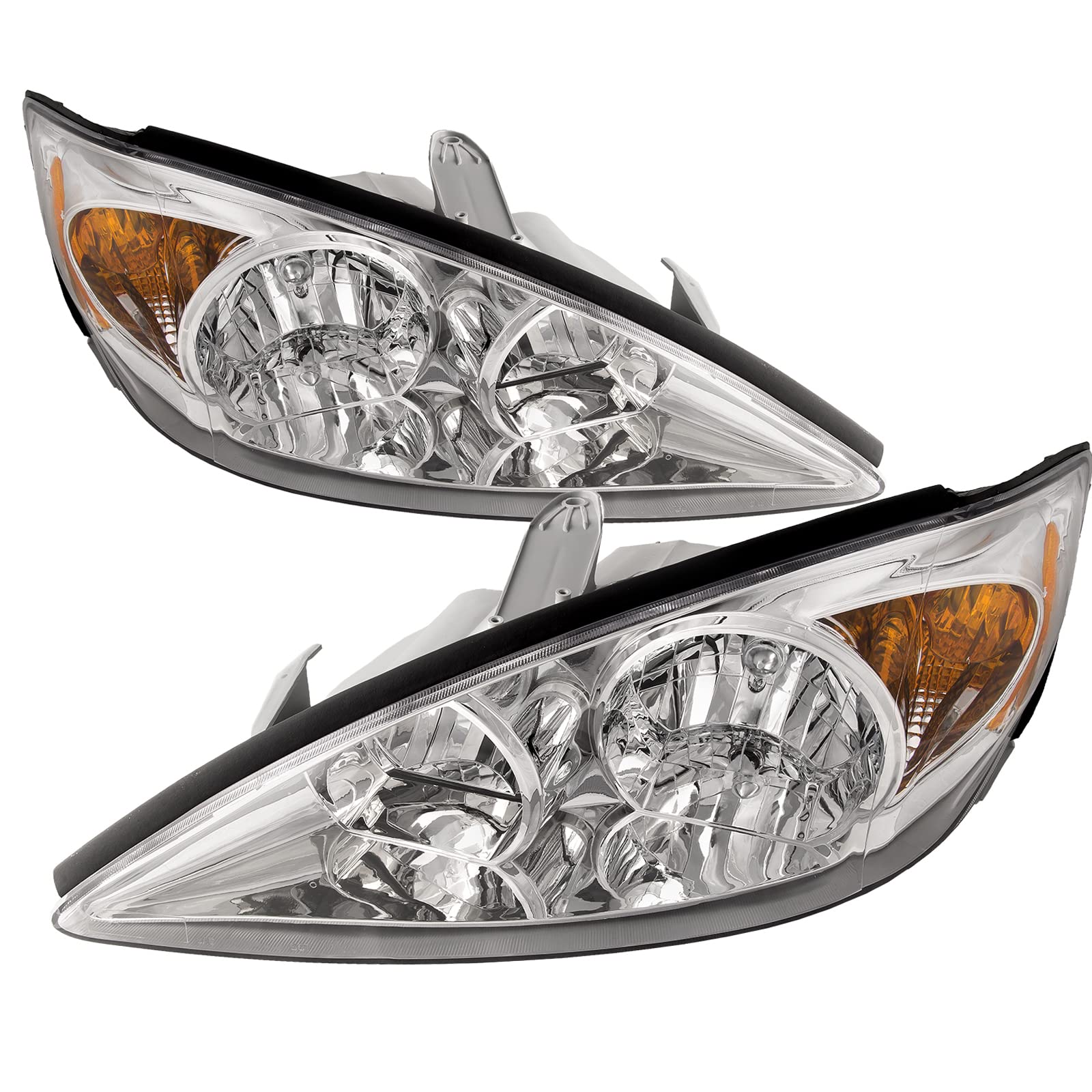 HEADLIGHTSDEPOT Chrome Housing Halogen Headlights with Clear Lens - Compatible with 2002-2004 Toyota Camry LE/XLE (Driver & Passenger Side) - Durable Replacement Headlamps for Night Driving & Improved Visibility