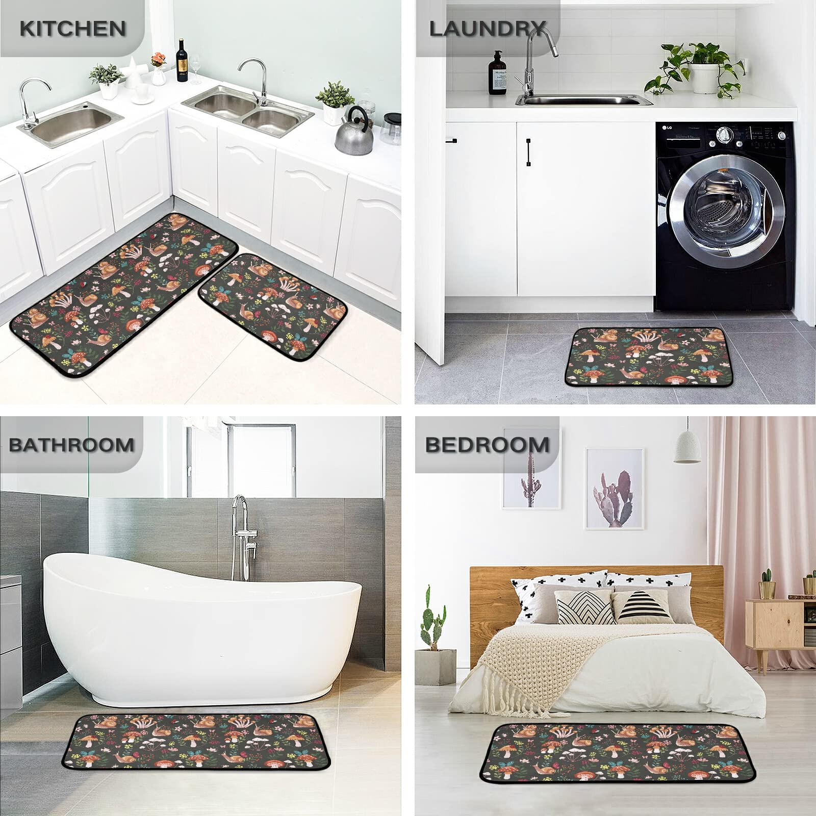 Premium Anti-Fatigue Kitchen Mats Set of 2 - Non-Slip Cushioned Runner Rugs with Mushroom & Snails Design for Kitchen, Sink, Laundry & Bathroom - Home Decor & Floor Protection for High-Traffic Areas
