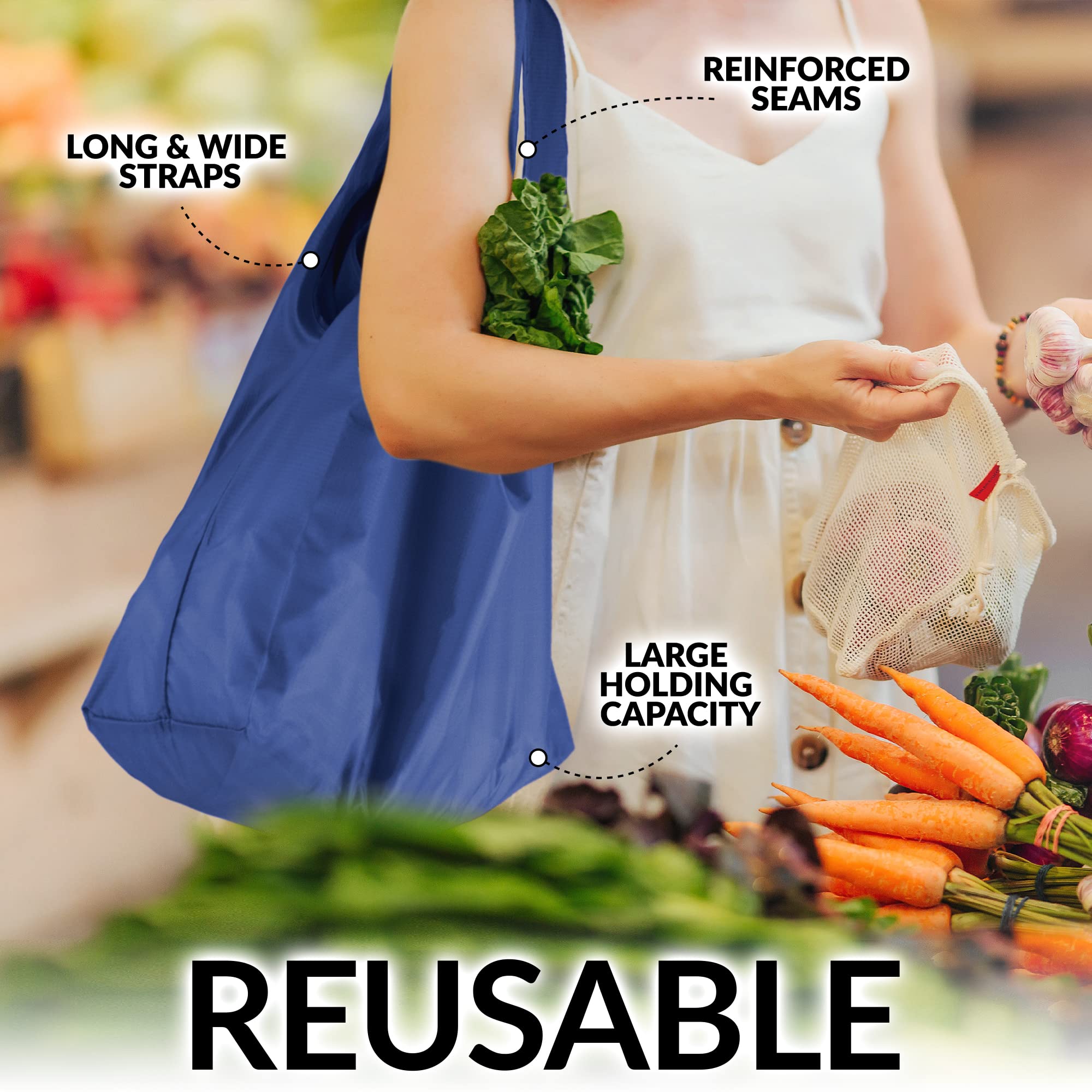 Zulay Kitchen 5-Pack 50LB Heavy Duty Reusable Grocery Bags - Large Foldable Shopping Tote with Reinforced Handles & Drawstring Closure - Durable Machine Washable Eco-Friendly Grocery Bags (Blue) - Perfect for Grocery Shopping, Farmers Market, Beach Trips & Storage