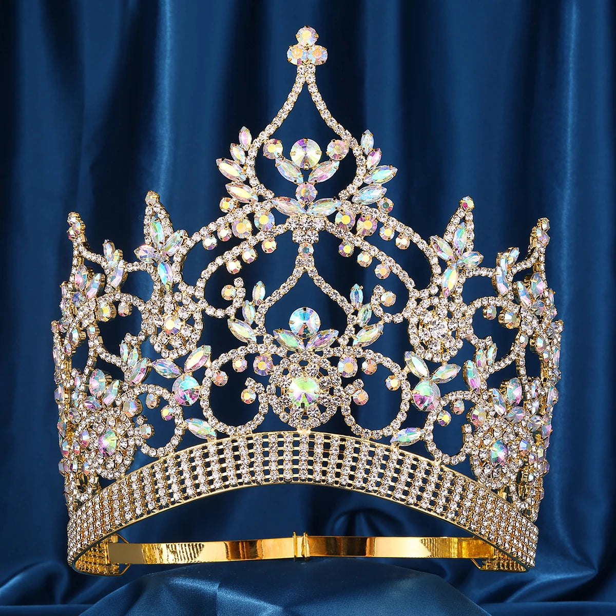 Imperial Aurora Pageant Crown - Gold Rhinestone Tiara with AB Stones for Beauty Queens, Pageants & Prom - Elegant Bridal Accessory for Weddings, Quinceañeras & Special Occasions