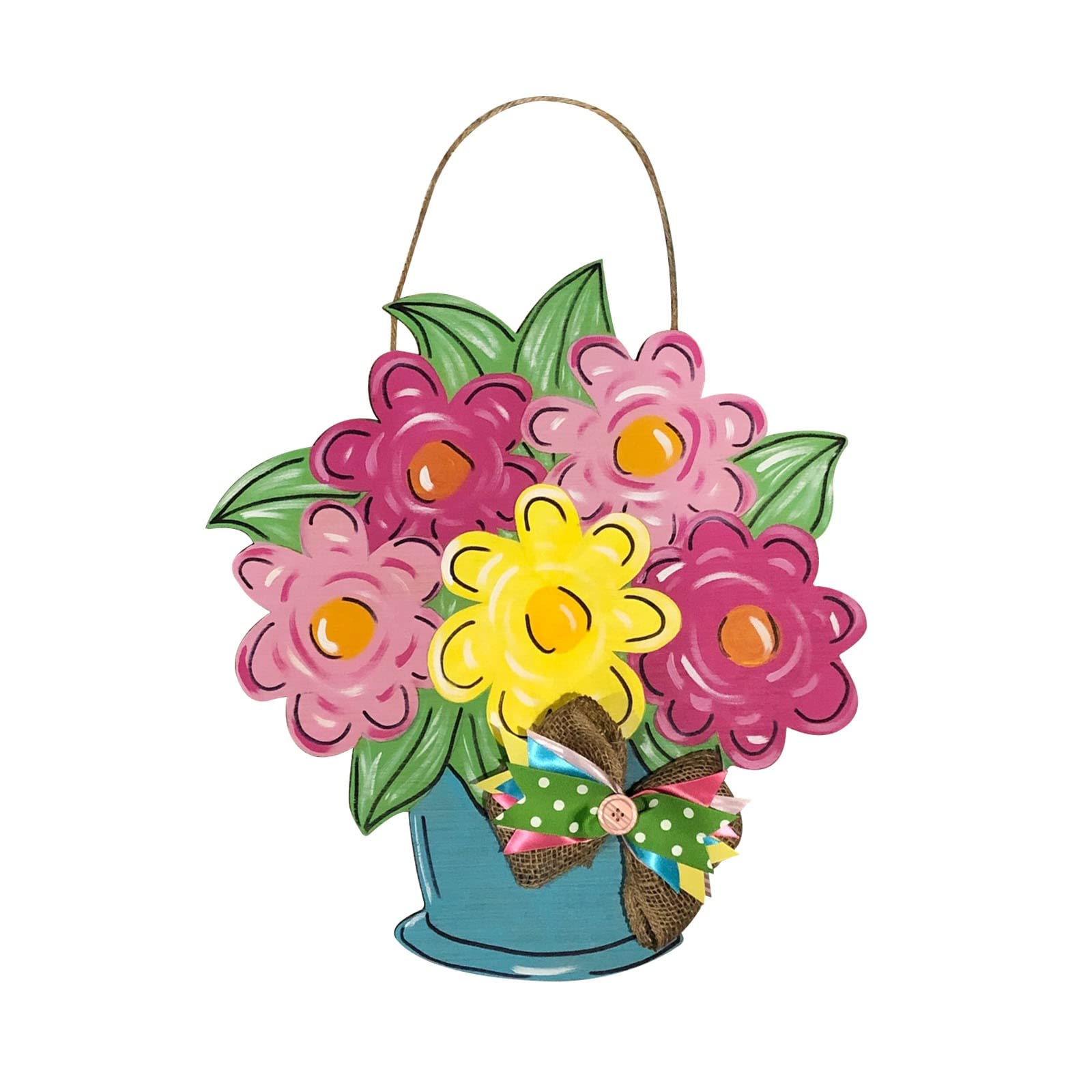 Wooden Flower Pendant Garland - Spring Watering Can Wall Decor, Hanging Wreath for Doors - Rustic Welcome Sign & Living Room Mirror Decor (Perfect for Farmhouse Entryway & Cozy Home Wall Decoration)