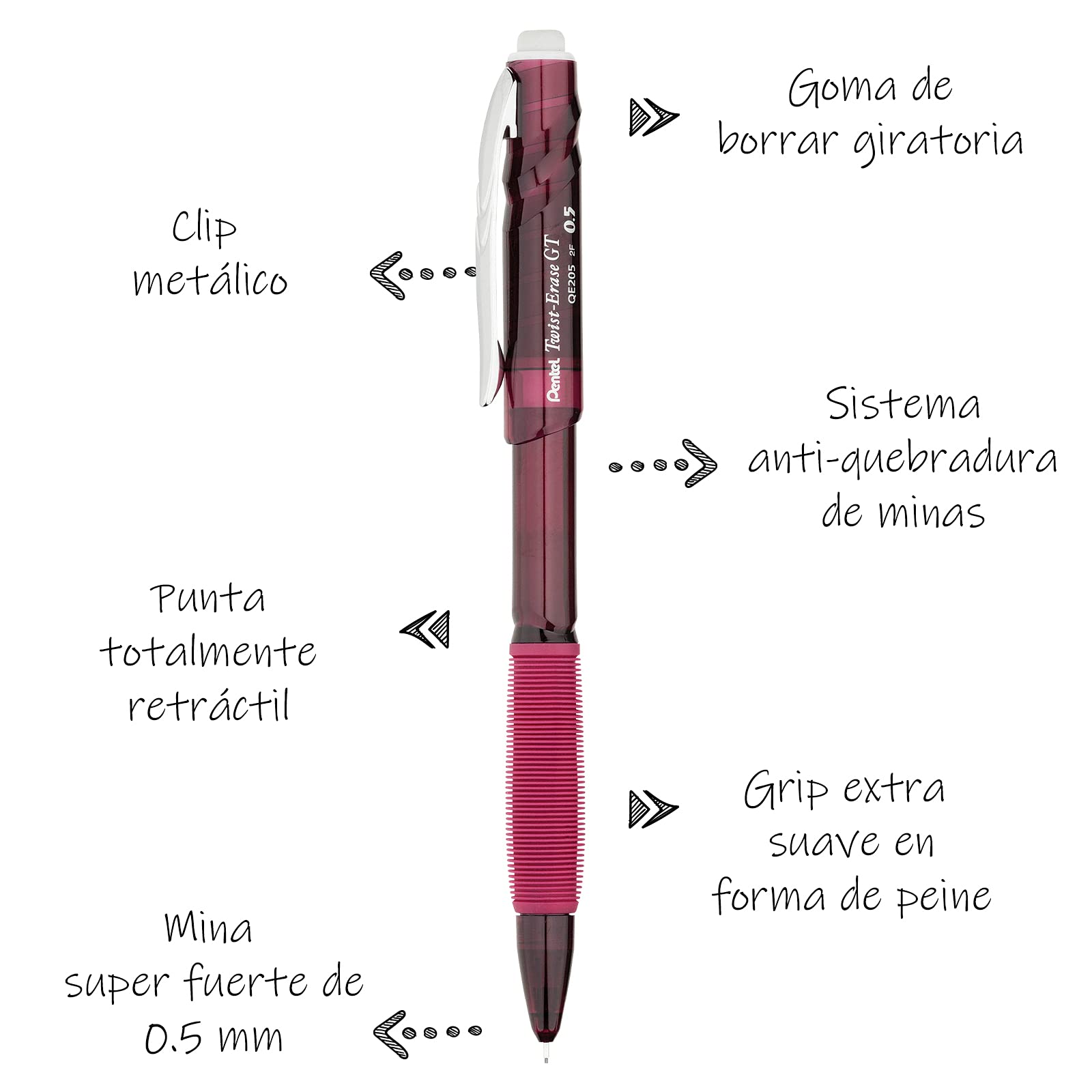 Pentel Twist-Erase GT 0.5mm Mechanical Pencil - Transparent Burgundy Barrel (Box of 12, QE205B) for Writing, Sketching & Drafting | Perfect for Students, Artists & Office Use
