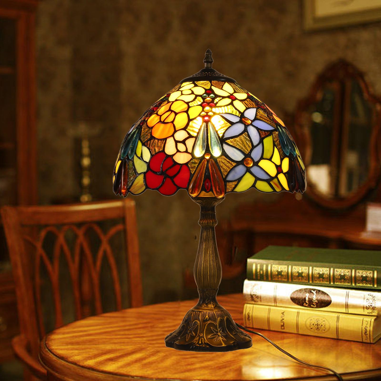 Tiffany Style Stained Glass Table Lamp - 12x18 Inch Rose Flower Grape Design, Bedside Nightstand Lamp for Bedroom, Living Room, Dining Room, Office & Hotel Decor | Perfect for Reading, Ambient Lighting and Home Decoration