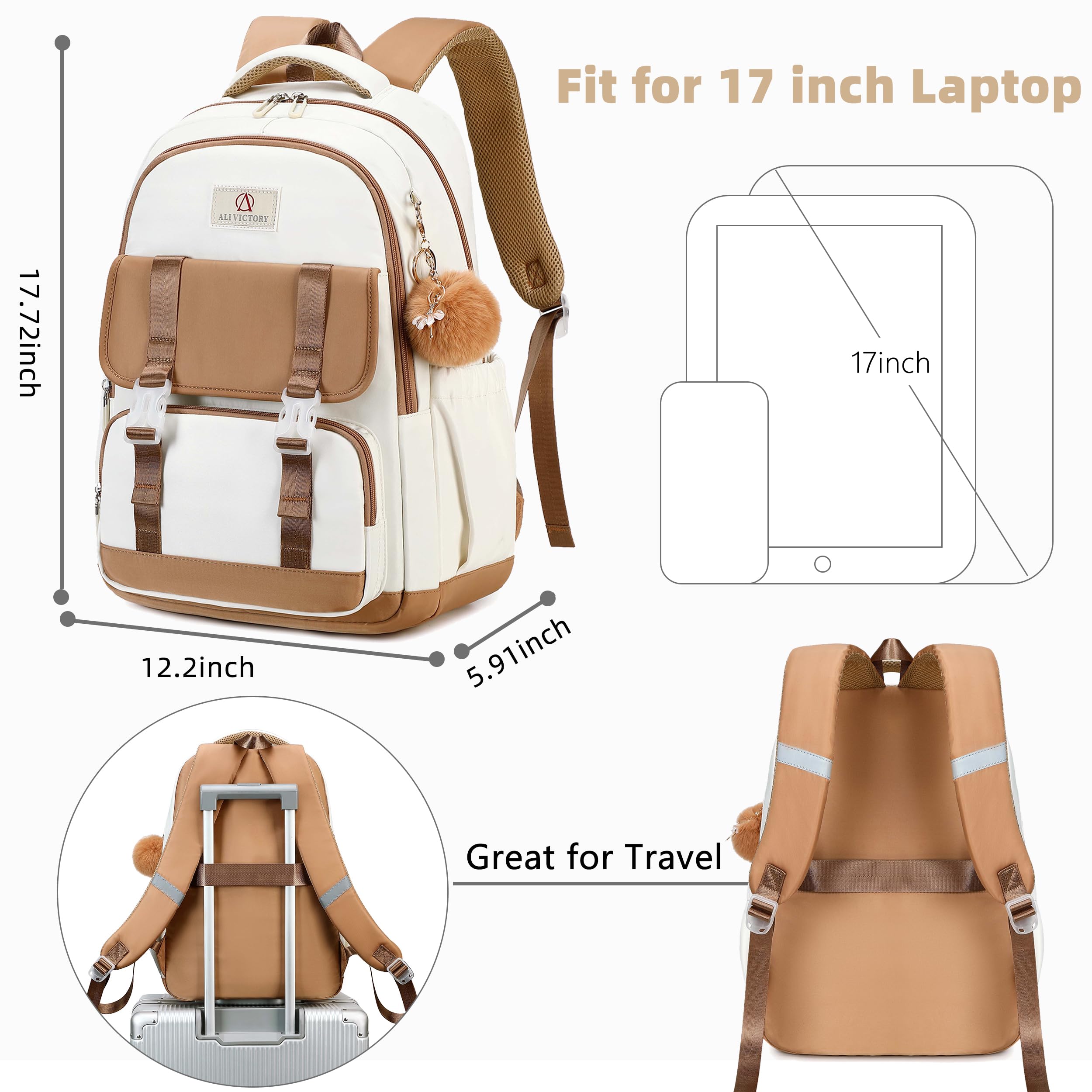 AO ALI VICTORY 16 Inch Laptop Backpack for Women & Students - Durable School Bag for High School, College, Work & Travel - Large Bookbag for Teens, Girls & Business Professionals - Perfect for Commuting, Campus Life & Business Trips (Brown)