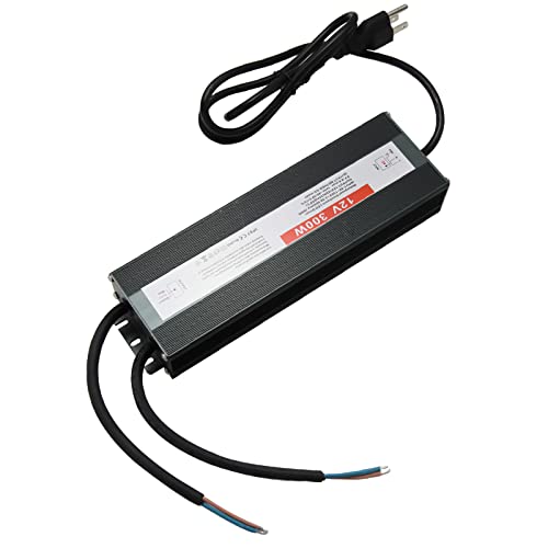 300W LED Driver Waterproof IP67 Power Supply - AC 90V-130V to DC 12V Low Voltage Transformer with 3-Prong Plug for LED Strips, Landscape Lighting | Indoor & Outdoor Use for Garden, Patio, Pool & Pathway Lights