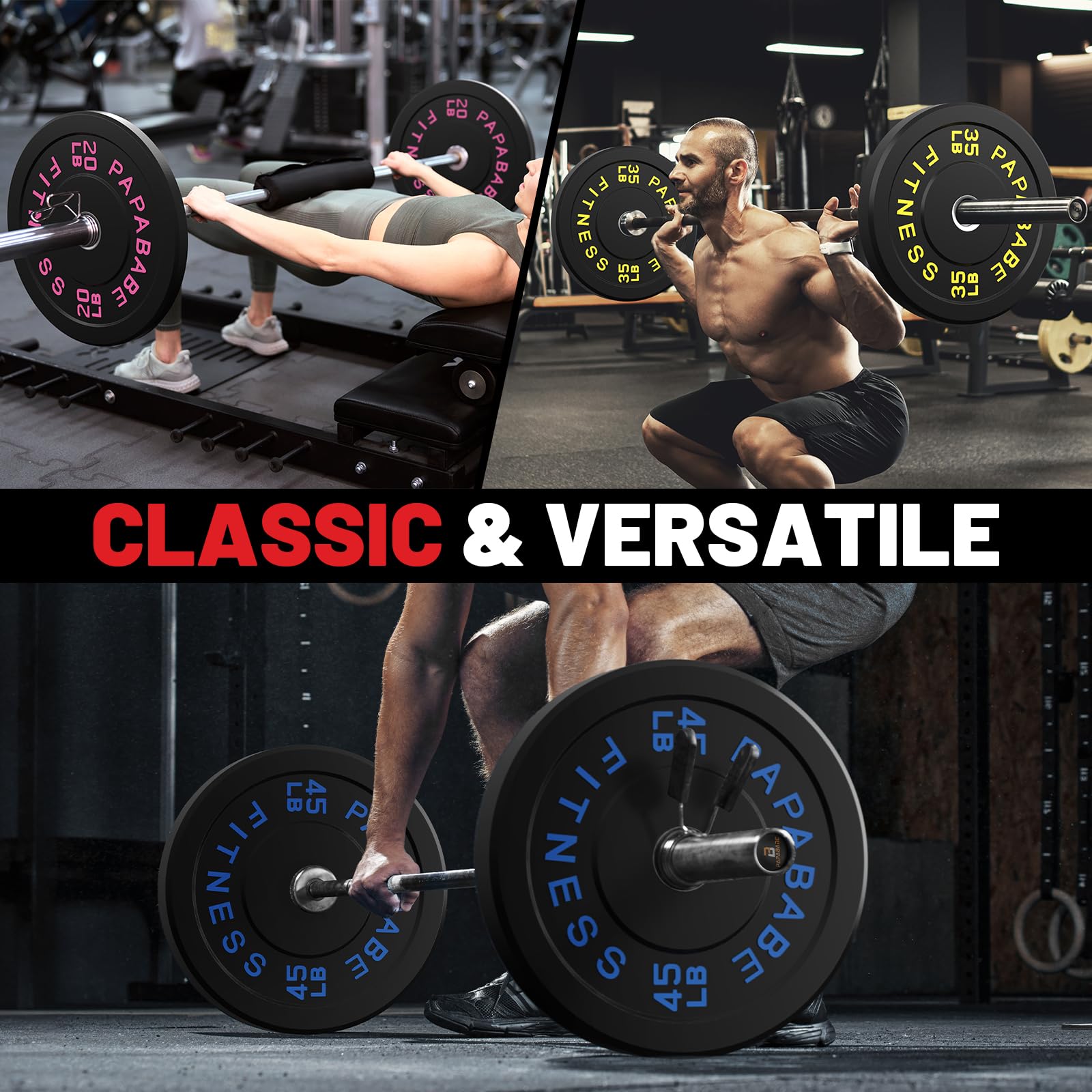Papababe Olympic Bumper Plates 10-410lb Set – 2 Inch Steel Hub Rubber Weight Plates for Strength Training & Weightlifting (IWF Standard, Single/Pair/Sets) – Perfect for Home Gym, CrossFit, and Powerlifting Workouts