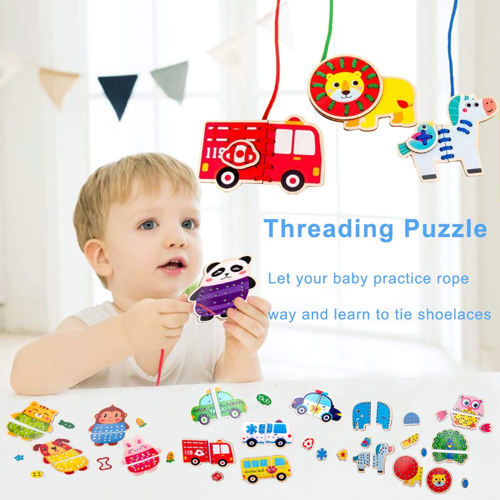 Promise Babe 5 Pack Wooden Lacing Cards - Montessori Threading Toys for Toddlers, Cars & Blocks Puzzle, Educational Preschool Learning Activity (Perfect for Fine Motor Skills Development & Early Childhood Education)