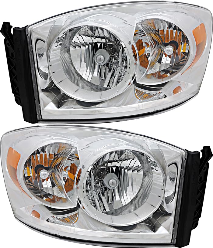 2007-2008 Dodge Ram 1500 & 2007-2009 Ram 2500/3500 Replacement Headlight Assembly Kit - Halogen Headlamps Pair (Driver & Passenger Side) for Improved Night Visibility