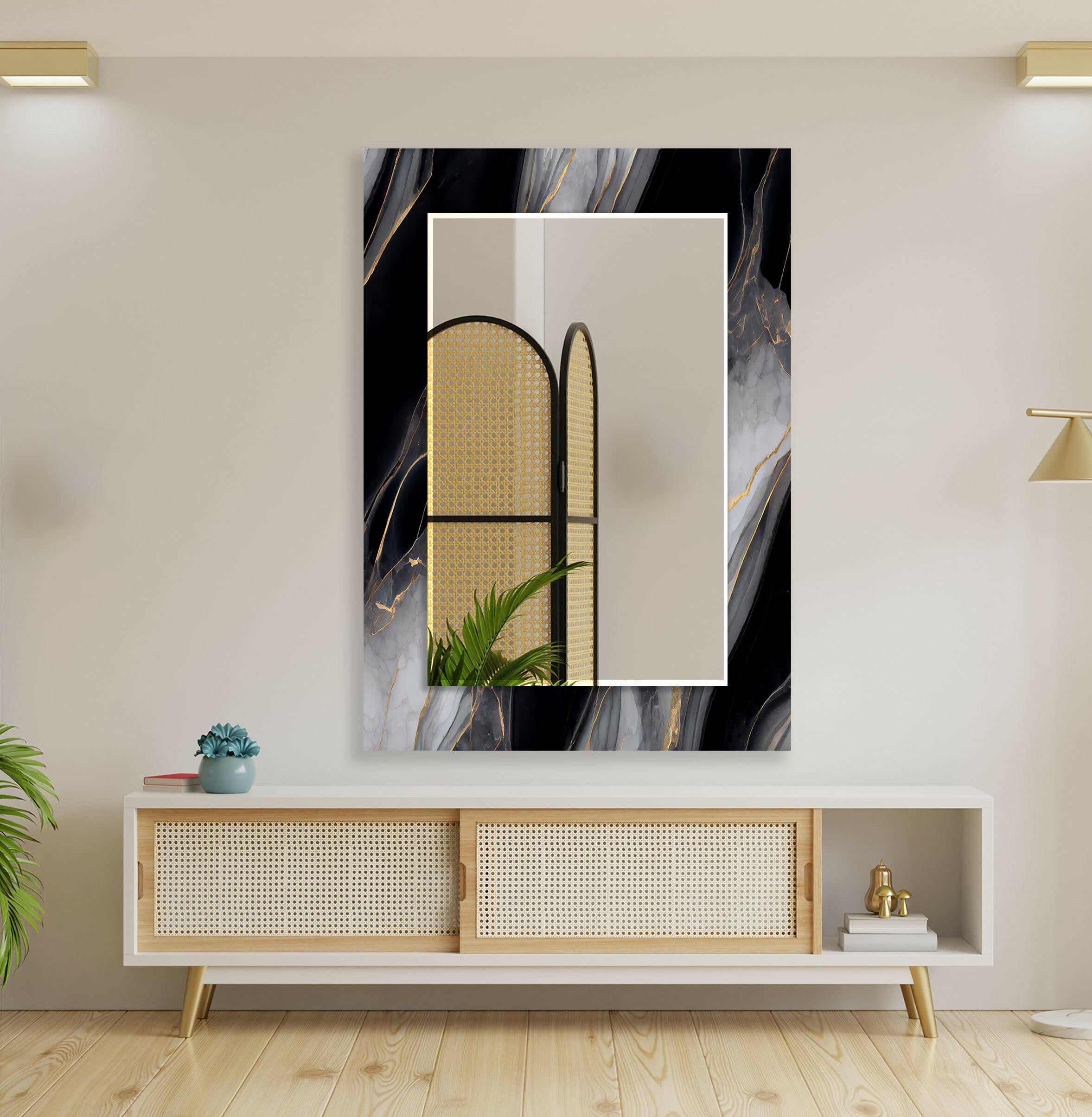 Stylish Black and Gray Marble Wall Mirror - Modern Home Decor for Living Room, Bedroom & Bathroom | Elegant Full-Length Mirror with Durable Frame for Vanity, Entryway & Dressing Area