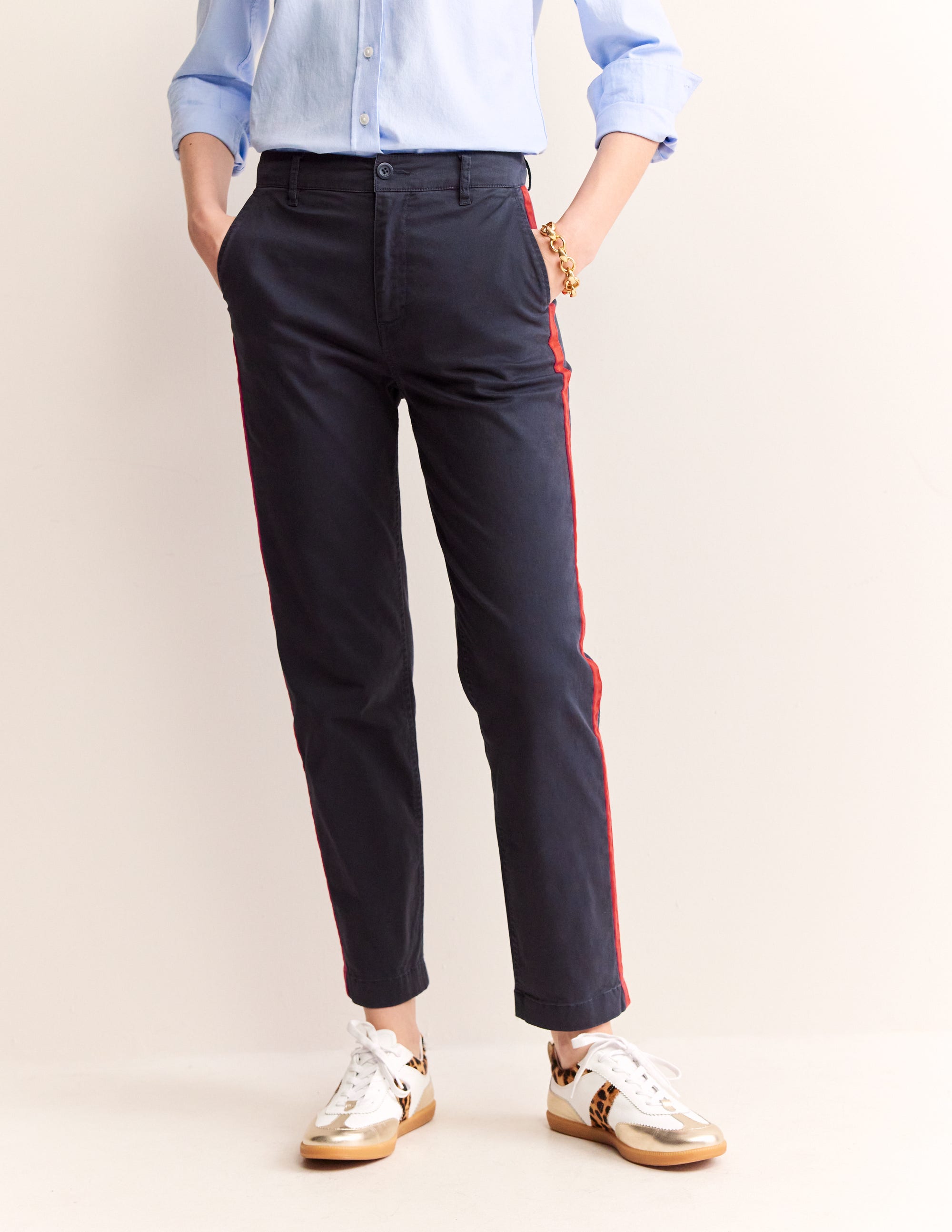 Barnsbury Men's Chino Pants with Navy Side Stripe - Classic Slim Fit Casual Trousers for Office, Travel & Everyday Wear