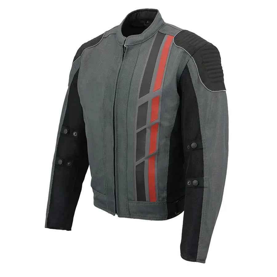 First MFG Co. Men's Black & Grey Mesh Armored Racing Jacket with Reflective Racing Stripes - Lightweight Motorcycle Gear for Street & Track Riding